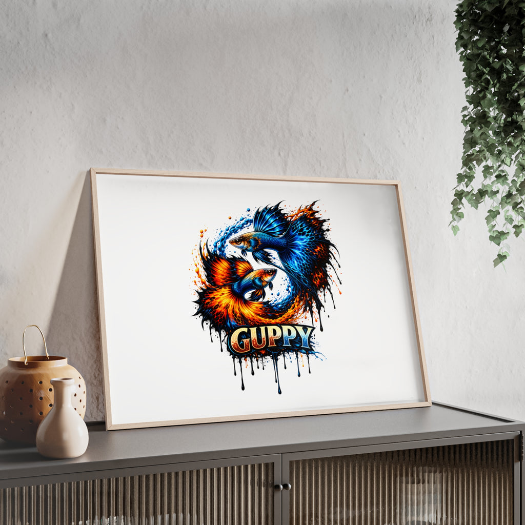 Guppy Fish Art Poster with Wooden Frame — Colorful Koi-Style Aquarium Print