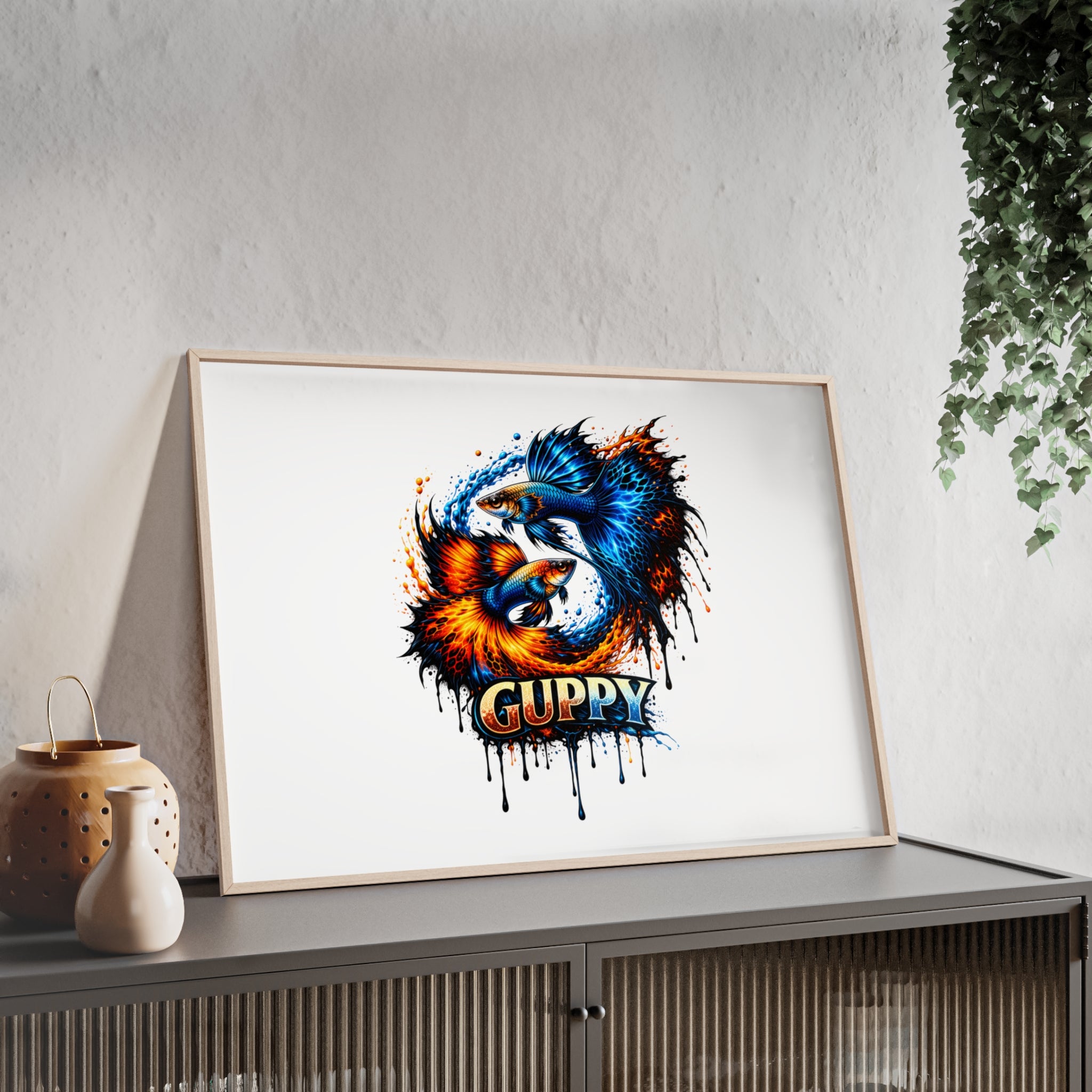 Guppy Fish Art Poster with Wooden Frame — Colorful Koi-Style Aquarium Print