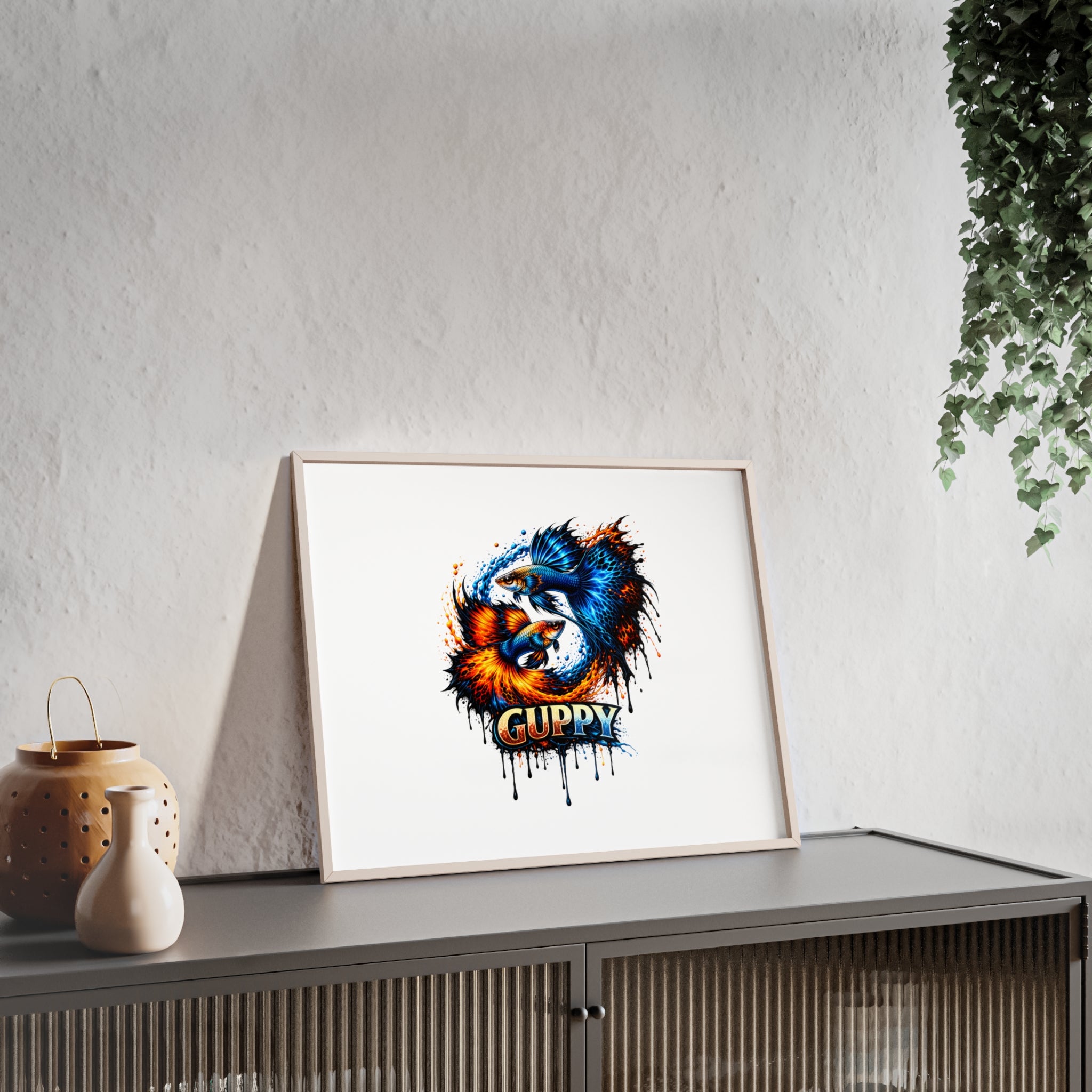 Guppy Fish Art Poster with Wooden Frame — Colorful Koi-Style Aquarium Print