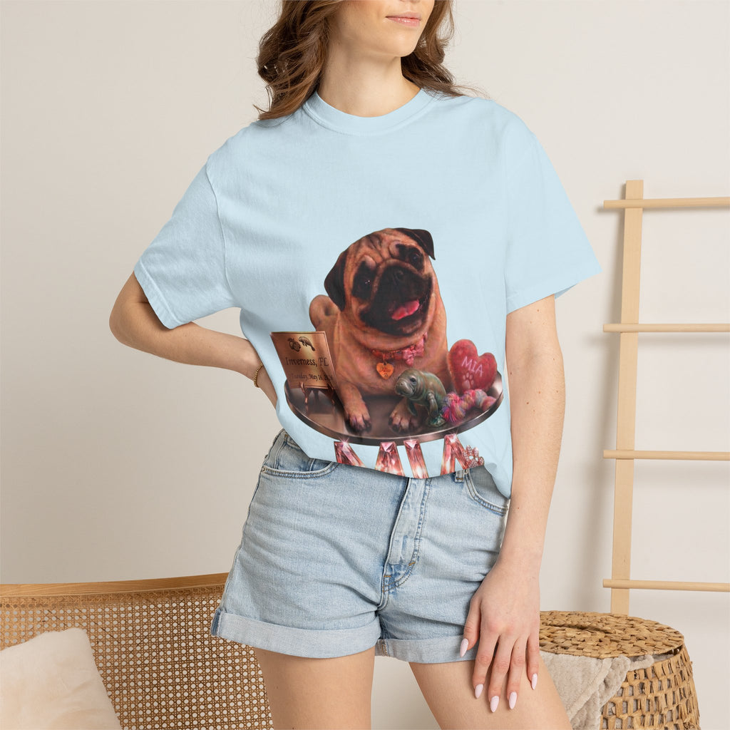 Pug Pet Portrait T-Shirt — Personalized "MIA" Dog Design