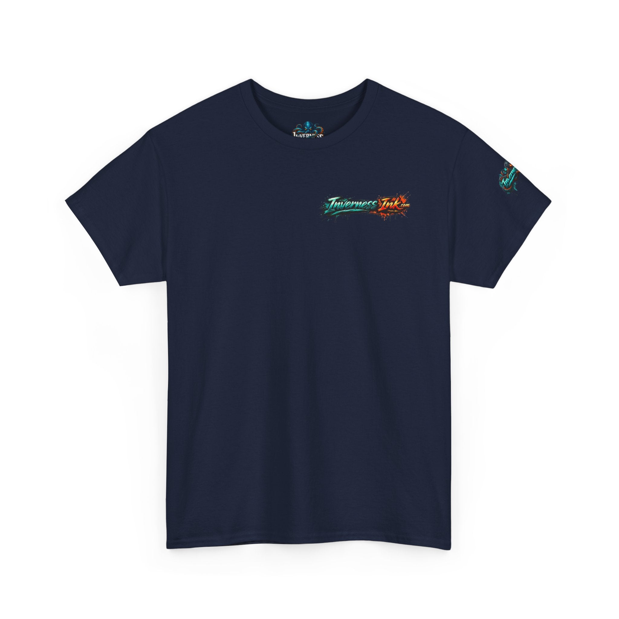 Inverness Ink Graphic Tee — Bold Blue & Orange Splash Backprint