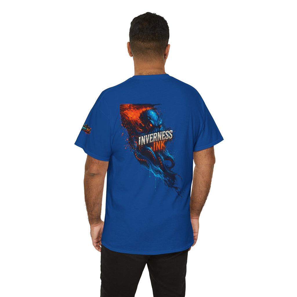 Inverness Ink Graphic Tee — Bold Blue & Orange Splash Backprint