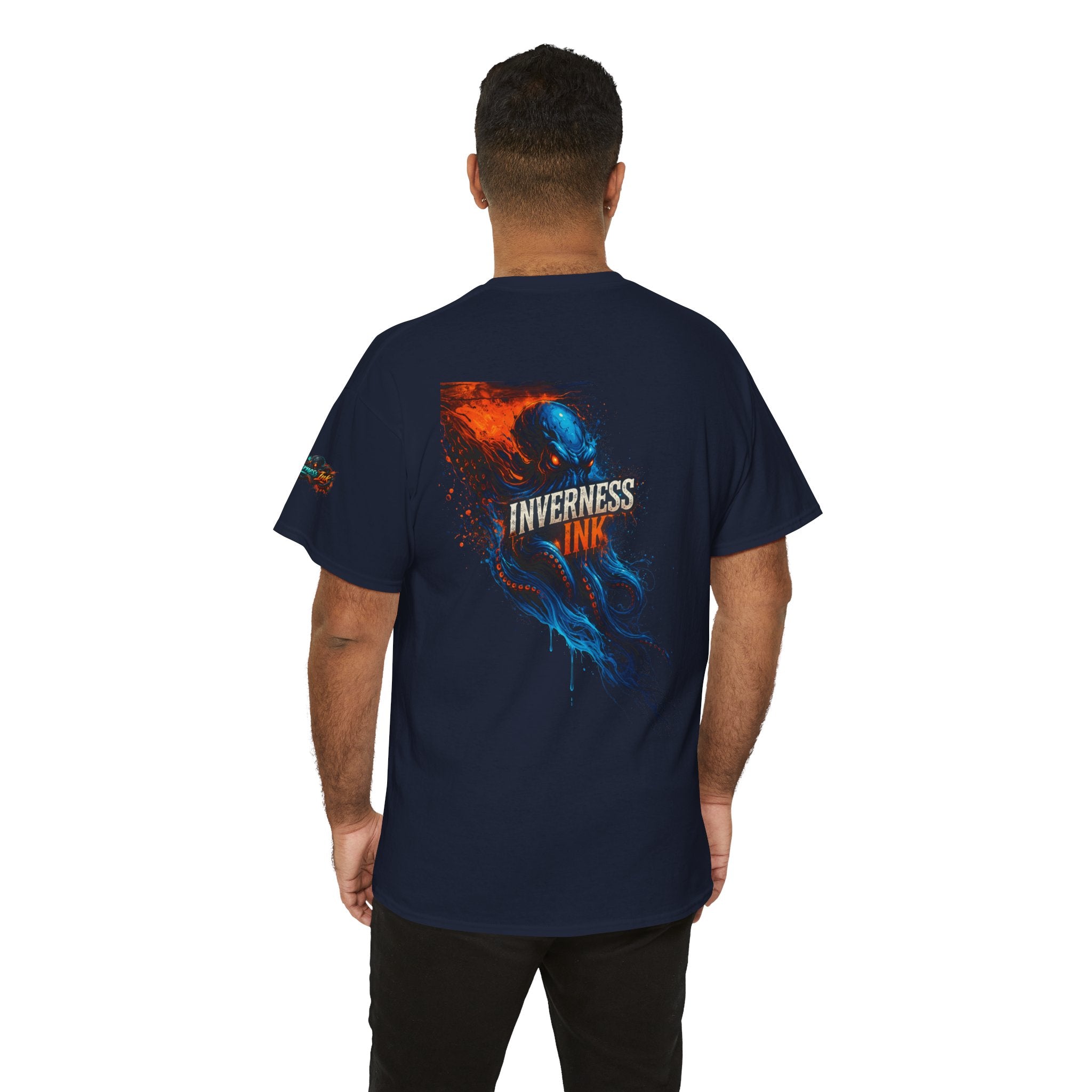 Inverness Ink Graphic Tee — Bold Blue & Orange Splash Backprint