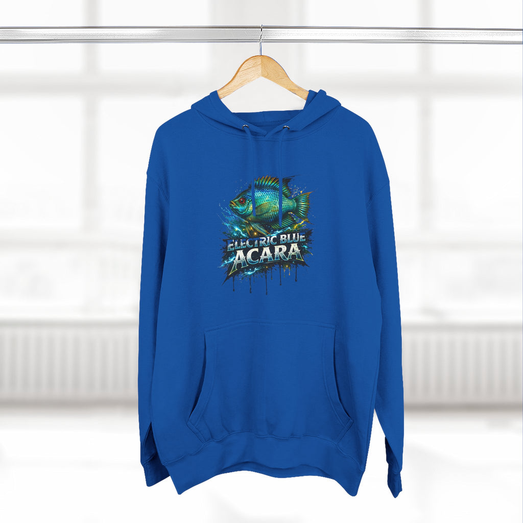 Electric Blue Acara Hoodie — Colorful Aquarium Fish Graphic Fleece Pullover