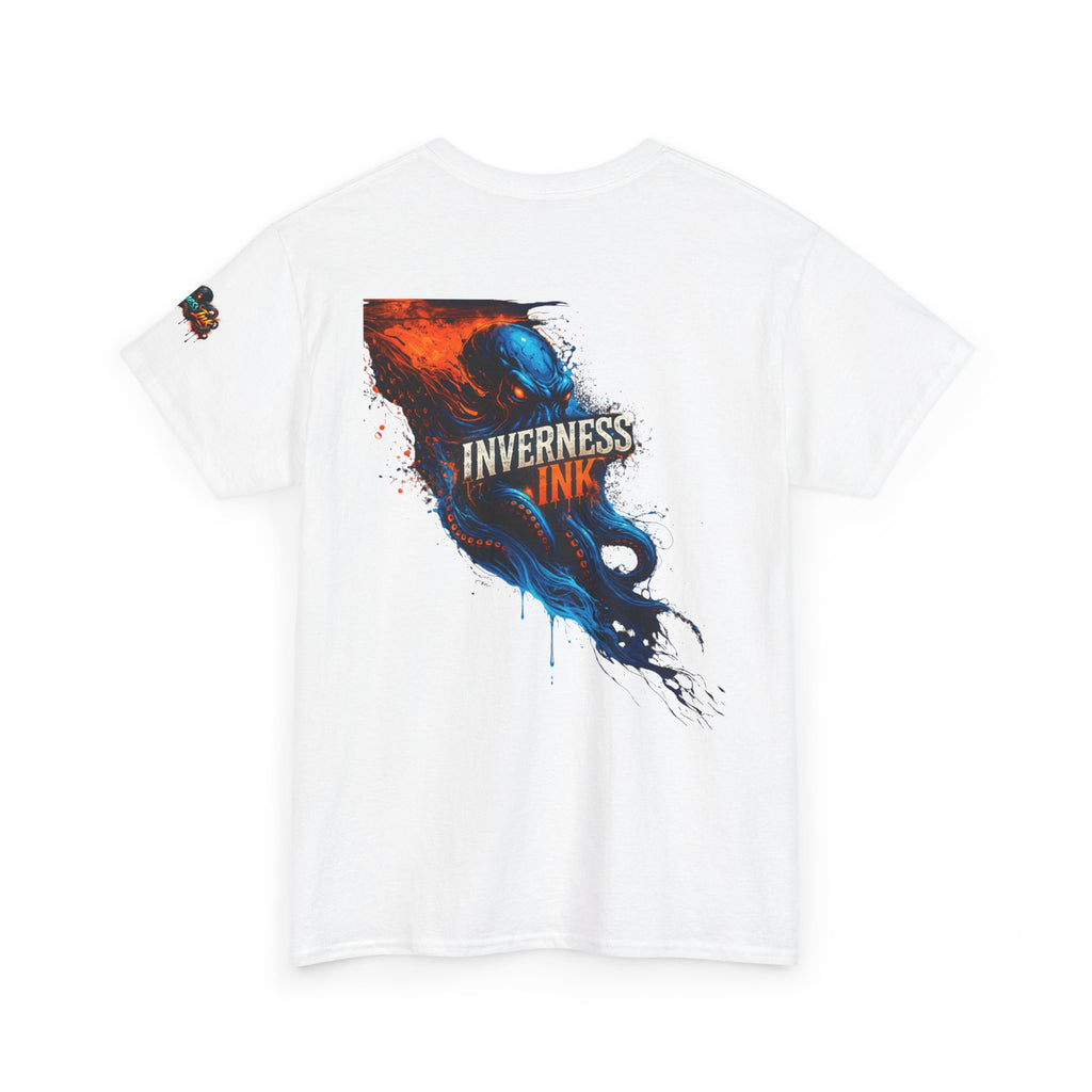 Inverness Ink Graphic Tee — Bold Blue & Orange Splash Backprint