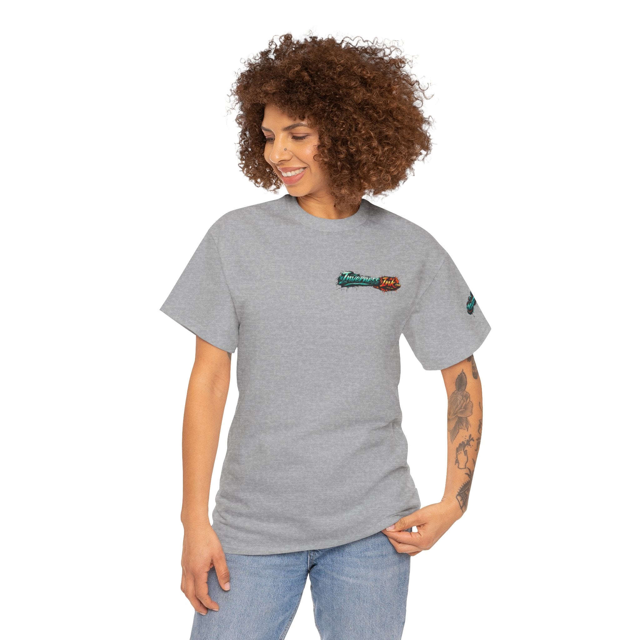Inverness Ink Graphic Tee — Bold Blue & Orange Splash Backprint