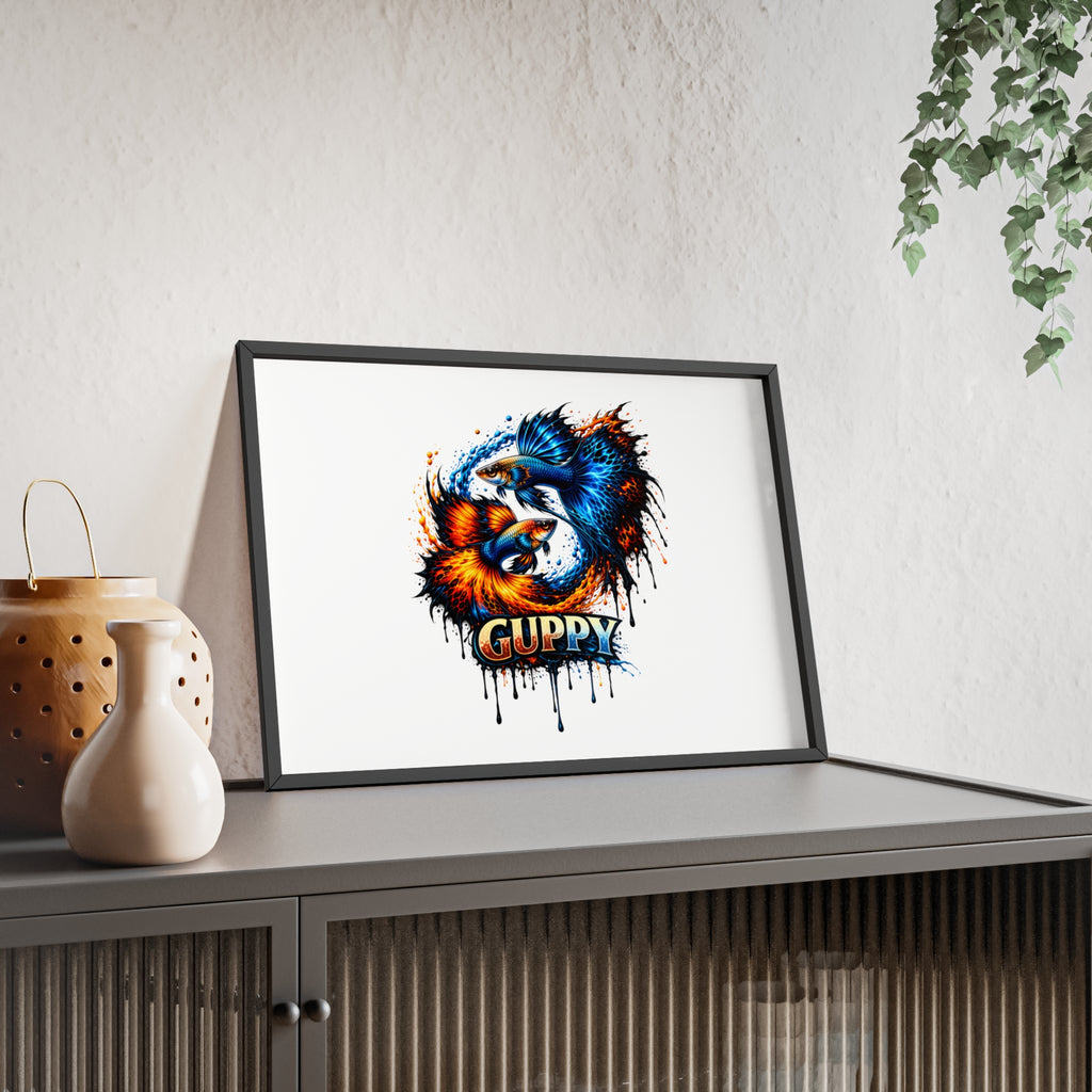 Guppy Fish Art Poster with Wooden Frame — Colorful Koi-Style Aquarium Print