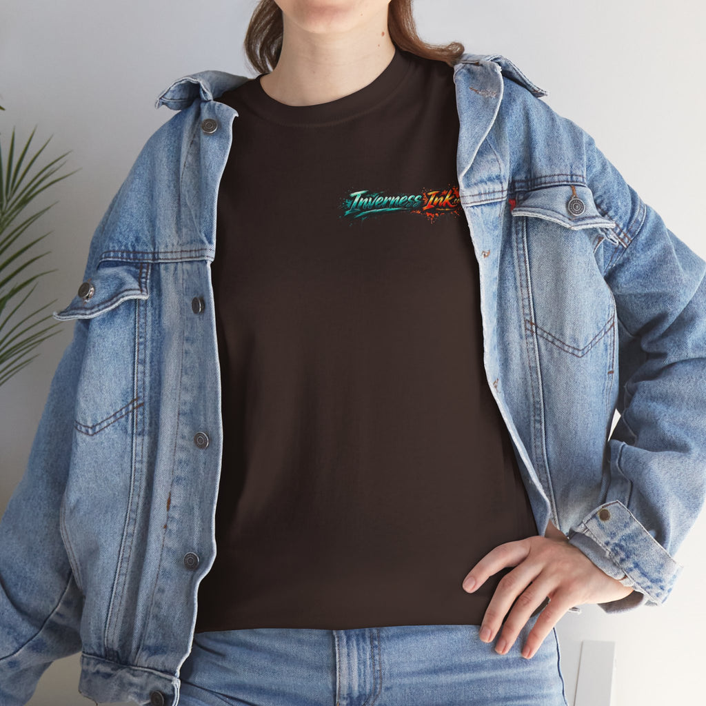 Inverness Ink Graphic Tee — Bold Blue & Orange Splash Backprint