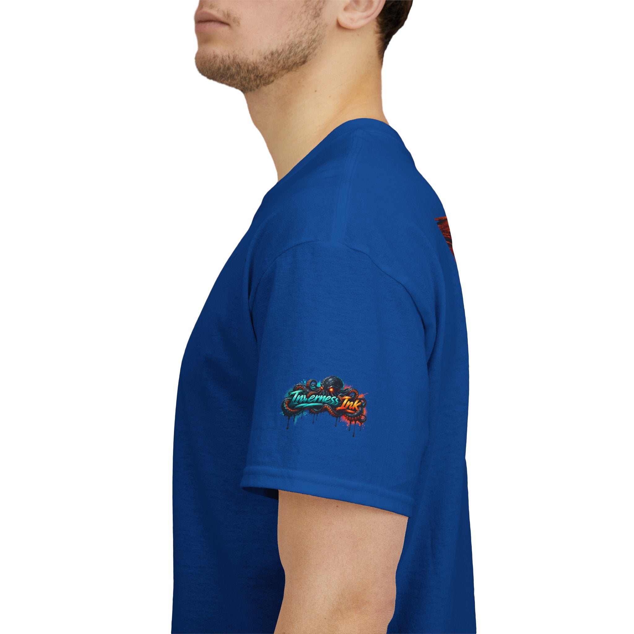 Inverness Ink Graphic Tee — Bold Blue & Orange Splash Backprint