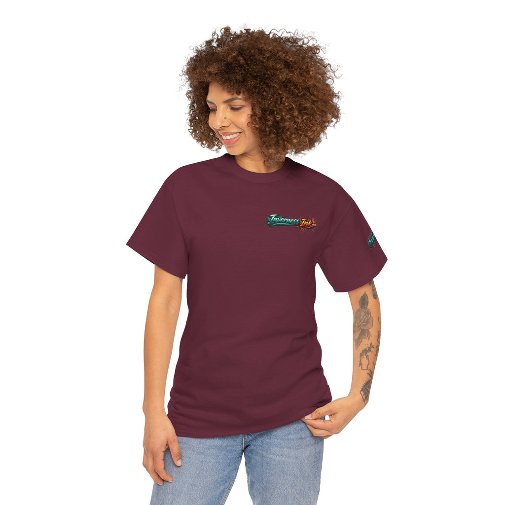 Inverness Ink Graphic Tee — Bold Blue & Orange Splash Backprint