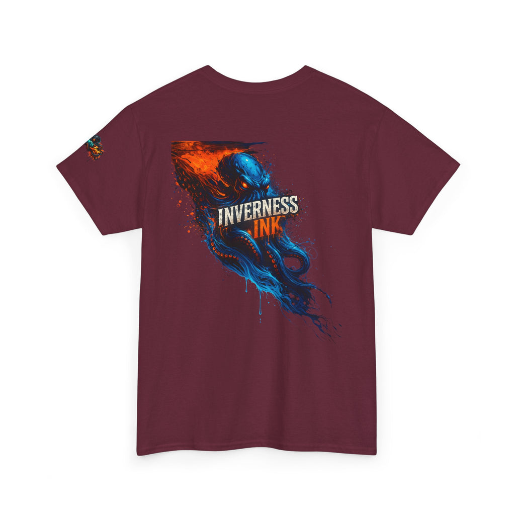 Inverness Ink Graphic Tee — Bold Blue & Orange Splash Backprint