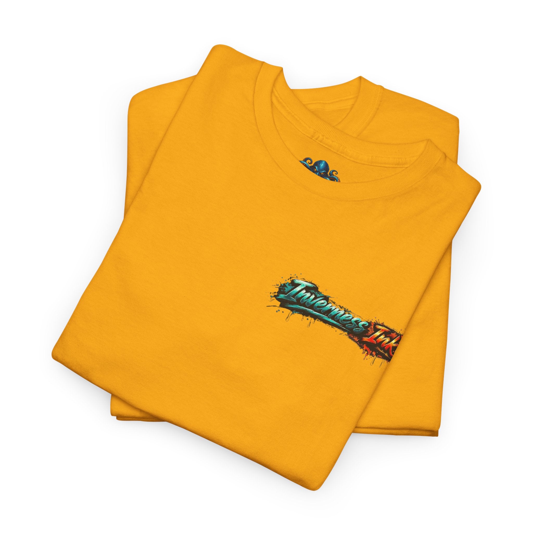 Inverness Ink Graphic Tee — Bold Blue & Orange Splash Backprint