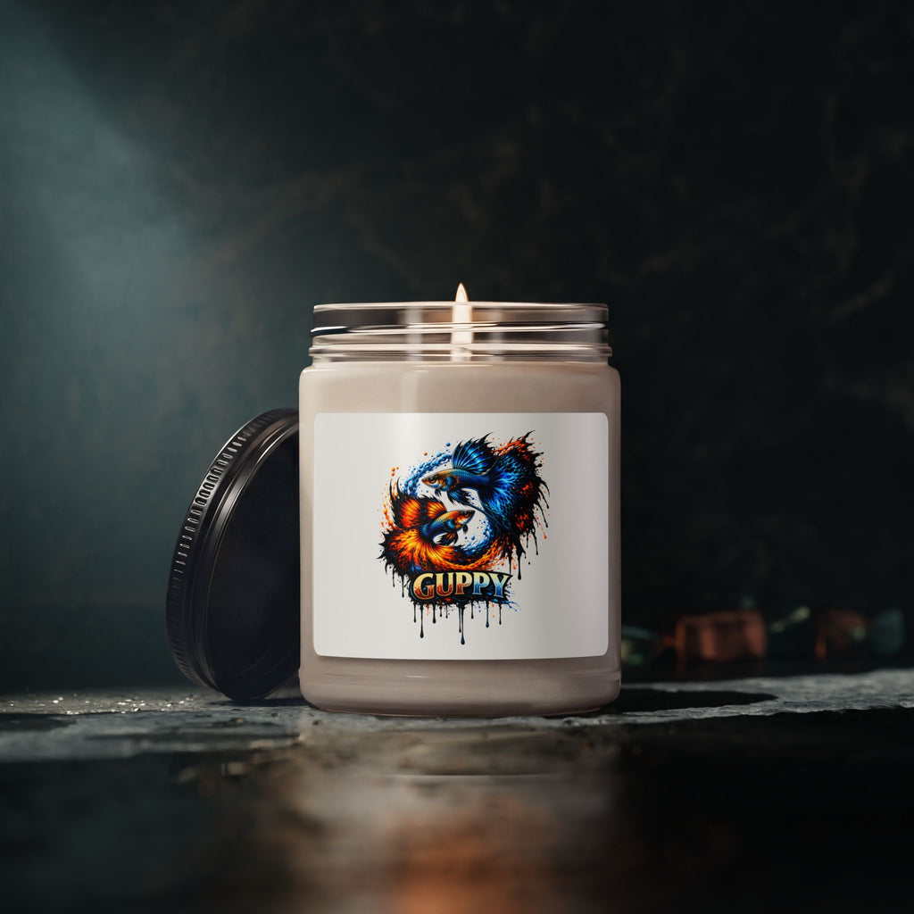 Guppy Art Soy Candle — 9oz Scented Jar (Colorful Fish Drip Design)