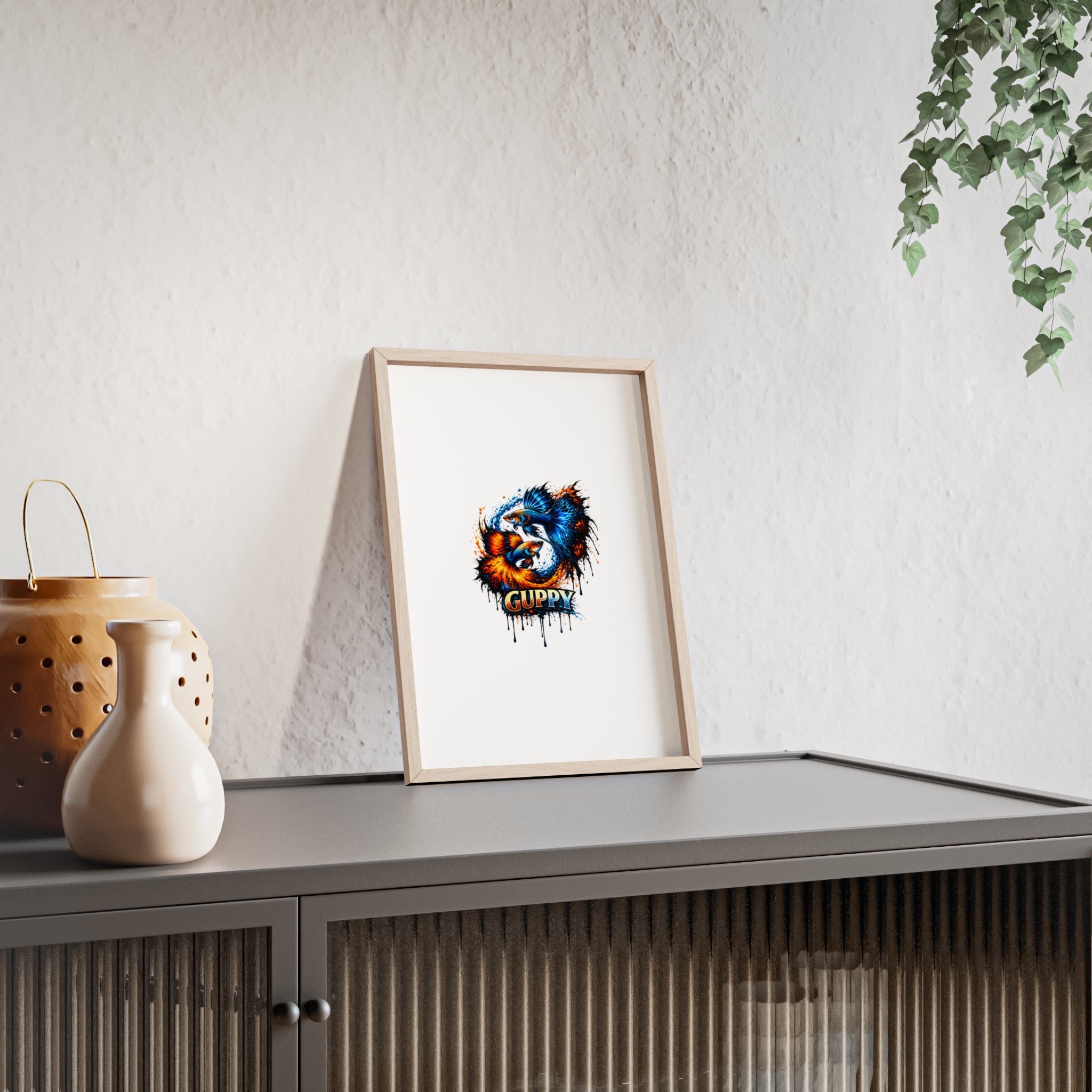 Guppy Fish Art Poster with Wooden Frame — Colorful Koi-Style Aquarium Print