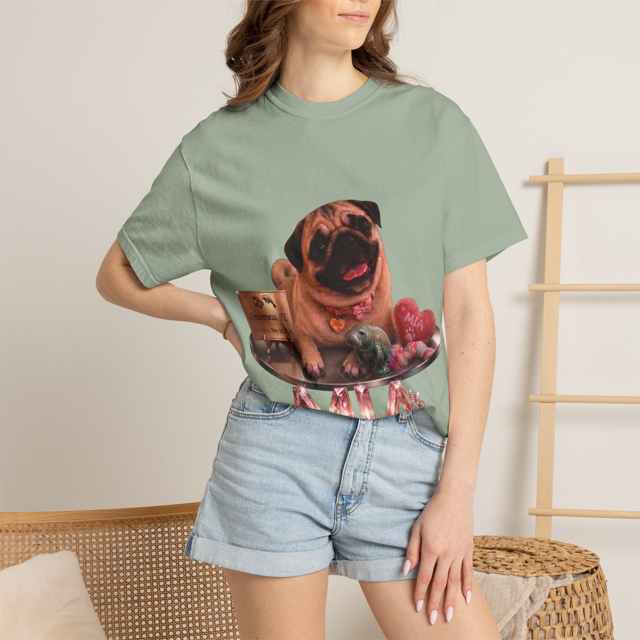 Pug Pet Portrait T-Shirt — Personalized "MIA" Dog Design