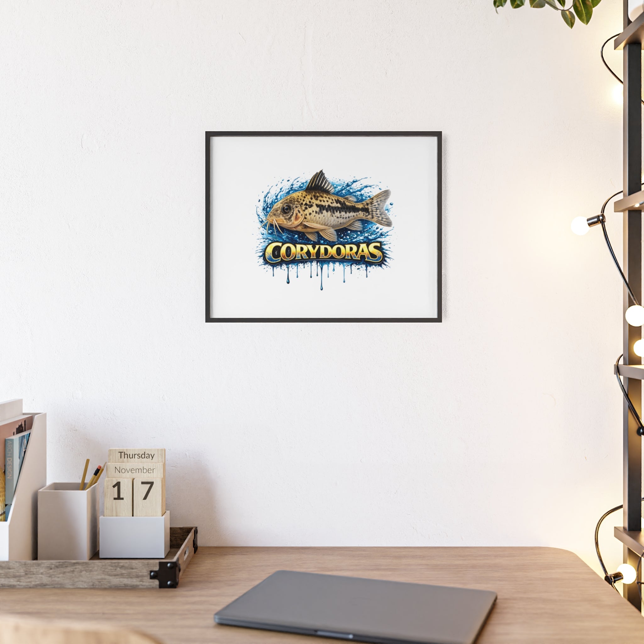 Peppered Corydoras Fish Poster with Wooden Frame — Aquarium Wall Art