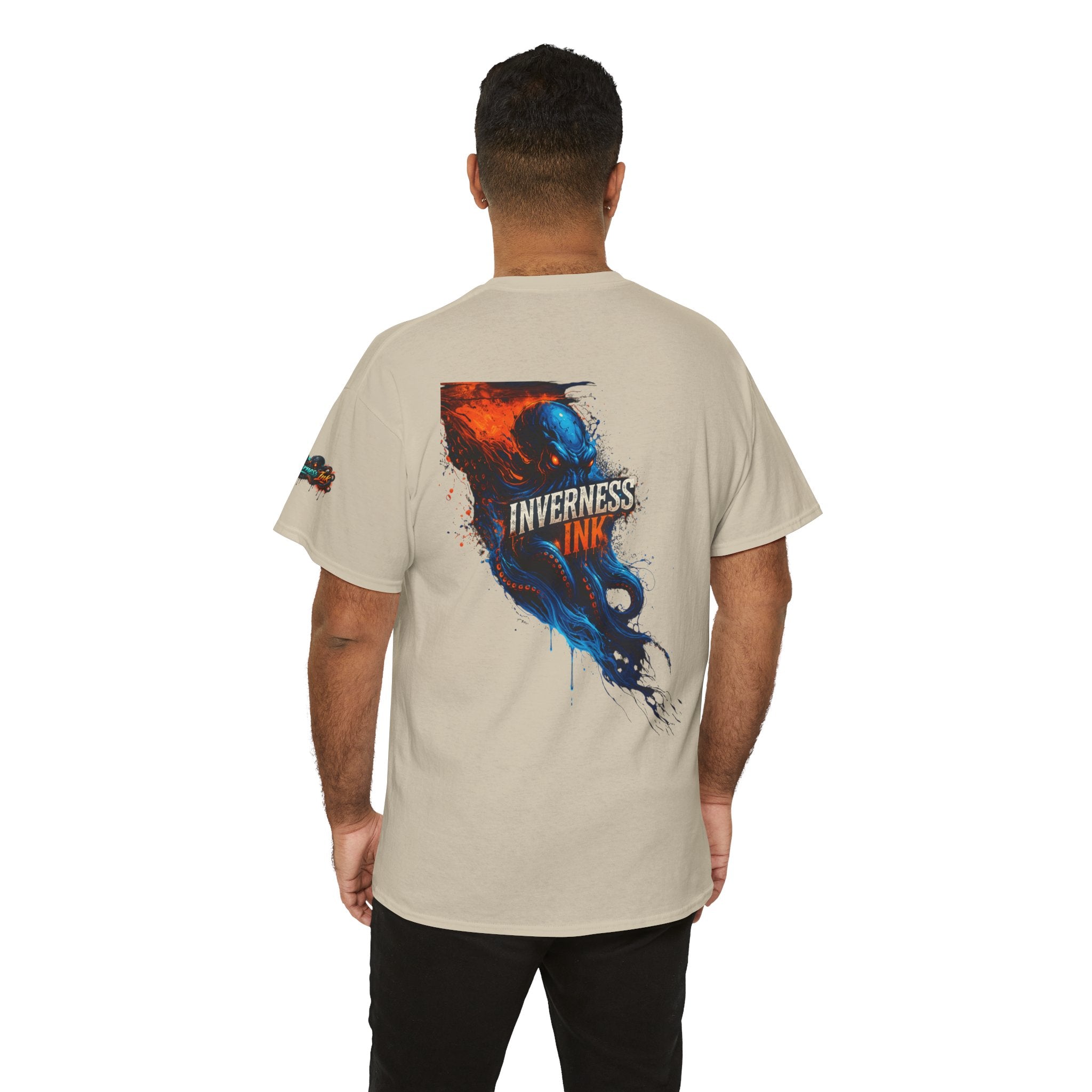 Inverness Ink Graphic Tee — Bold Blue & Orange Splash Backprint
