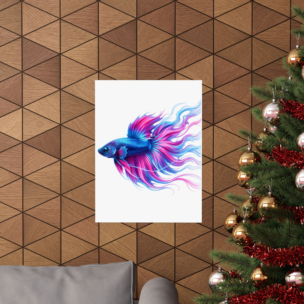 Betta Fish Art Poster — Colorful Blue & Pink Matte Vertical Wall Print