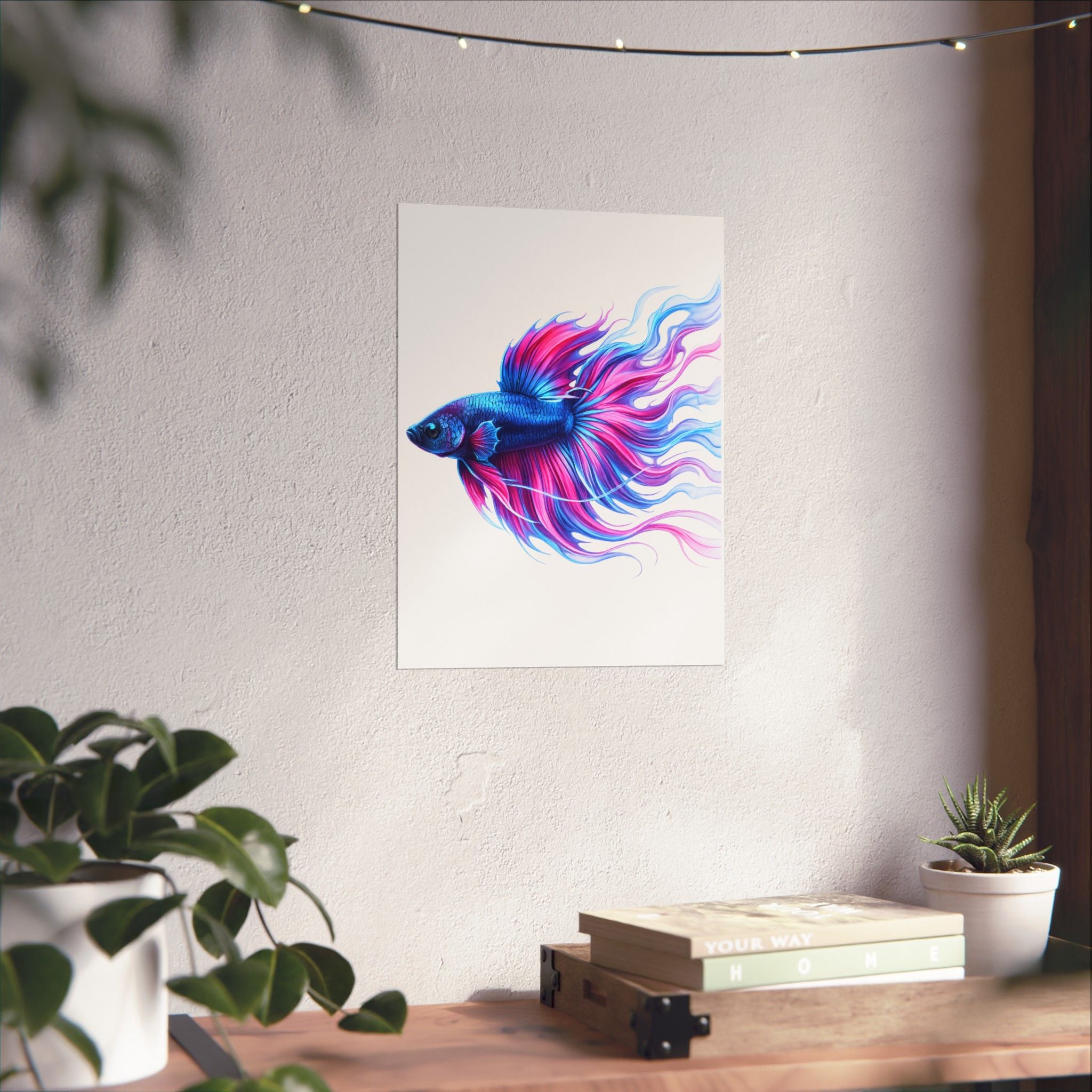 Betta Fish Art Poster — Colorful Blue & Pink Matte Vertical Wall Print