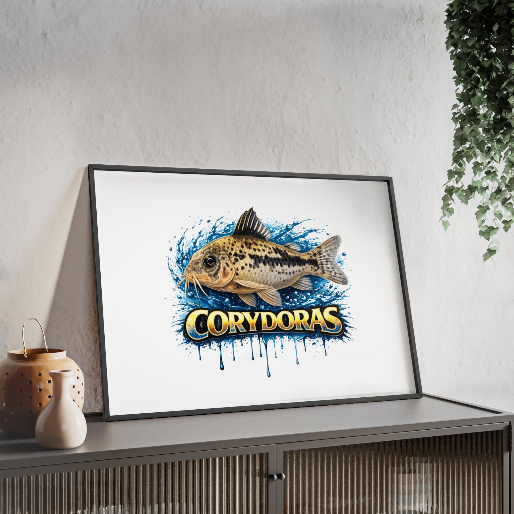 Peppered Corydoras Fish Poster with Wooden Frame — Aquarium Wall Art