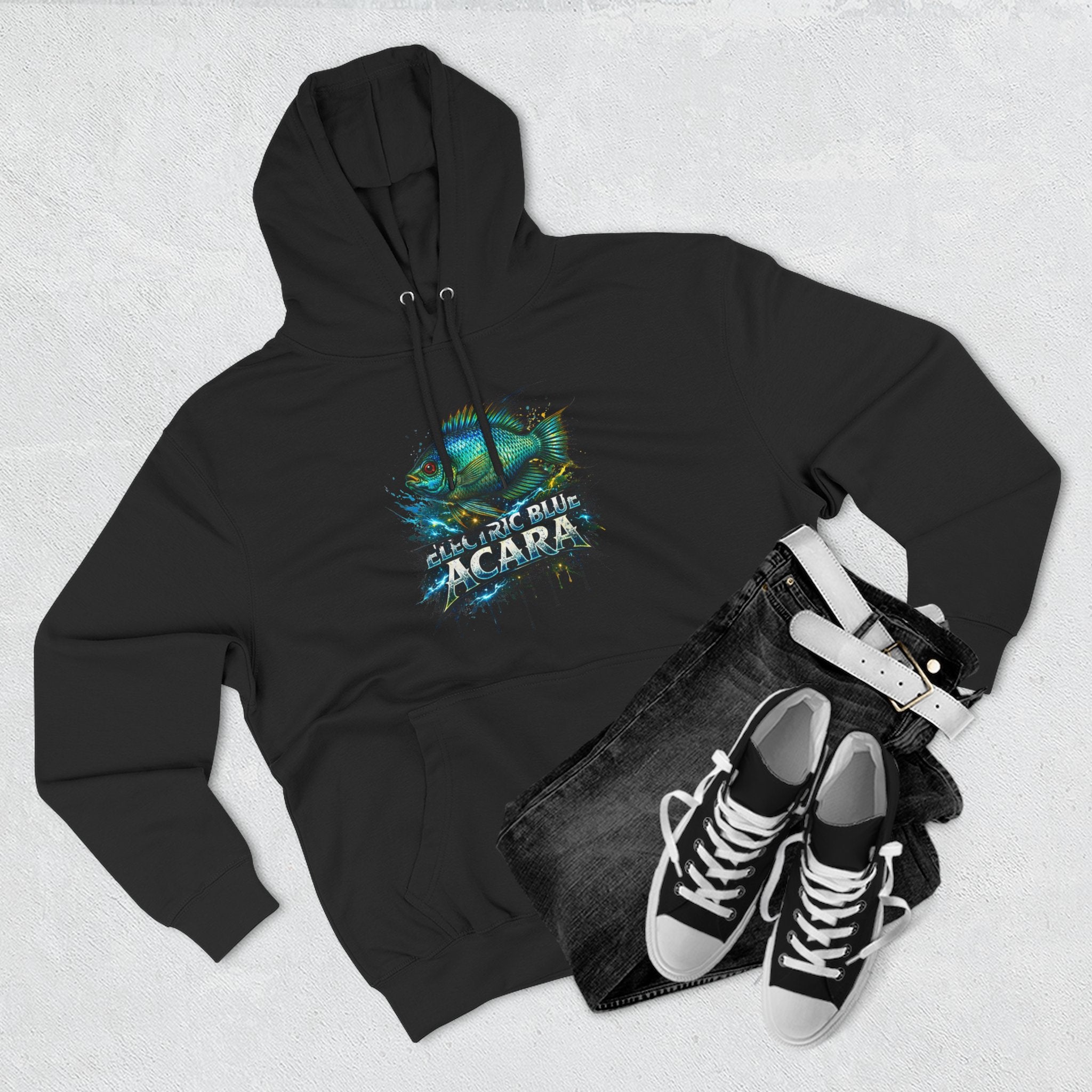 Electric Blue Acara Hoodie — Colorful Aquarium Fish Graphic Fleece Pullover