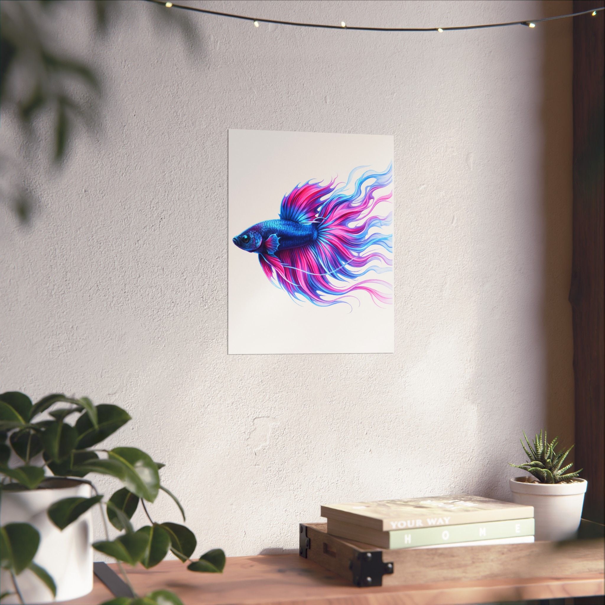 Betta Fish Art Poster — Colorful Blue & Pink Matte Vertical Wall Print