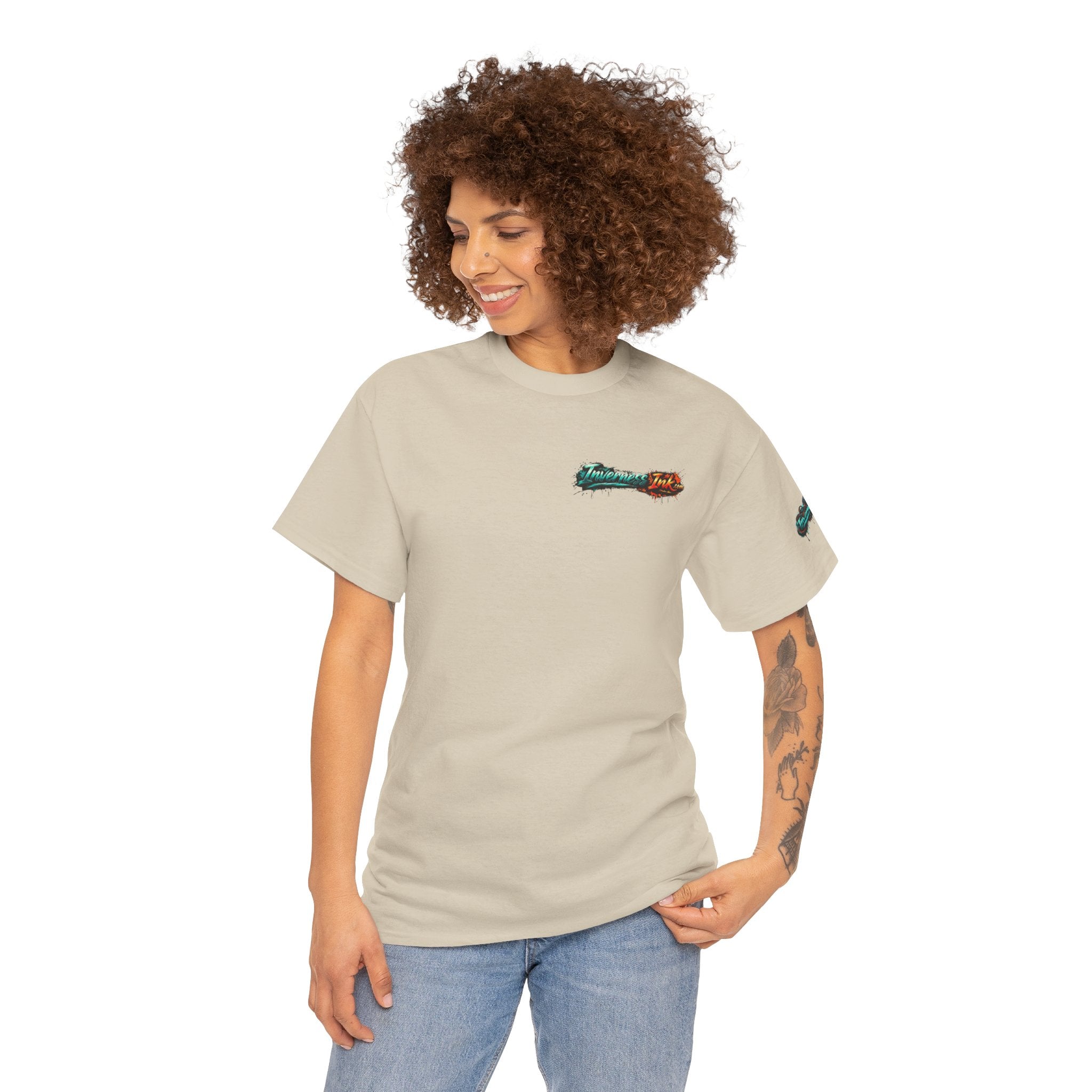 Inverness Ink Graphic Tee — Bold Blue & Orange Splash Backprint