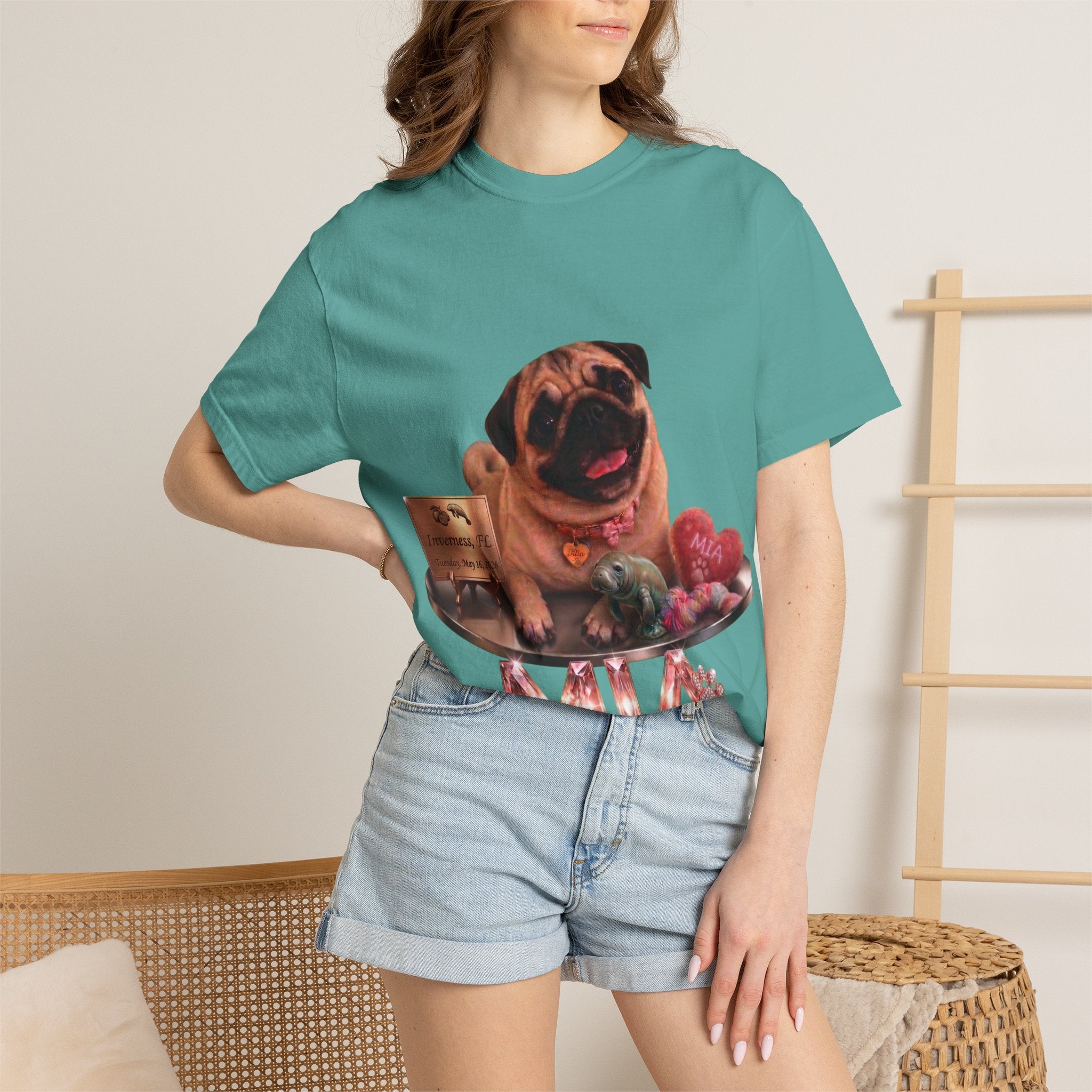 Pug Pet Portrait T-Shirt — Personalized "MIA" Dog Design