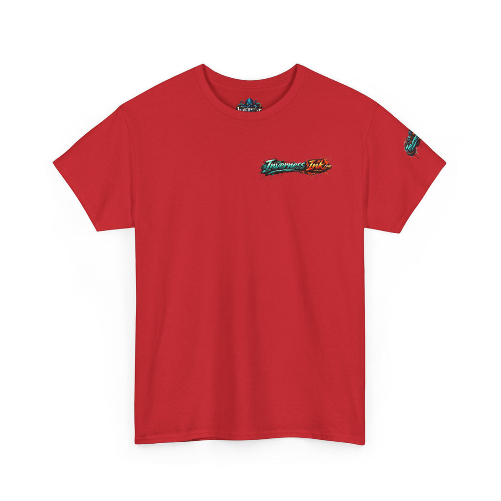 Inverness Ink Graphic Tee — Bold Blue & Orange Splash Backprint