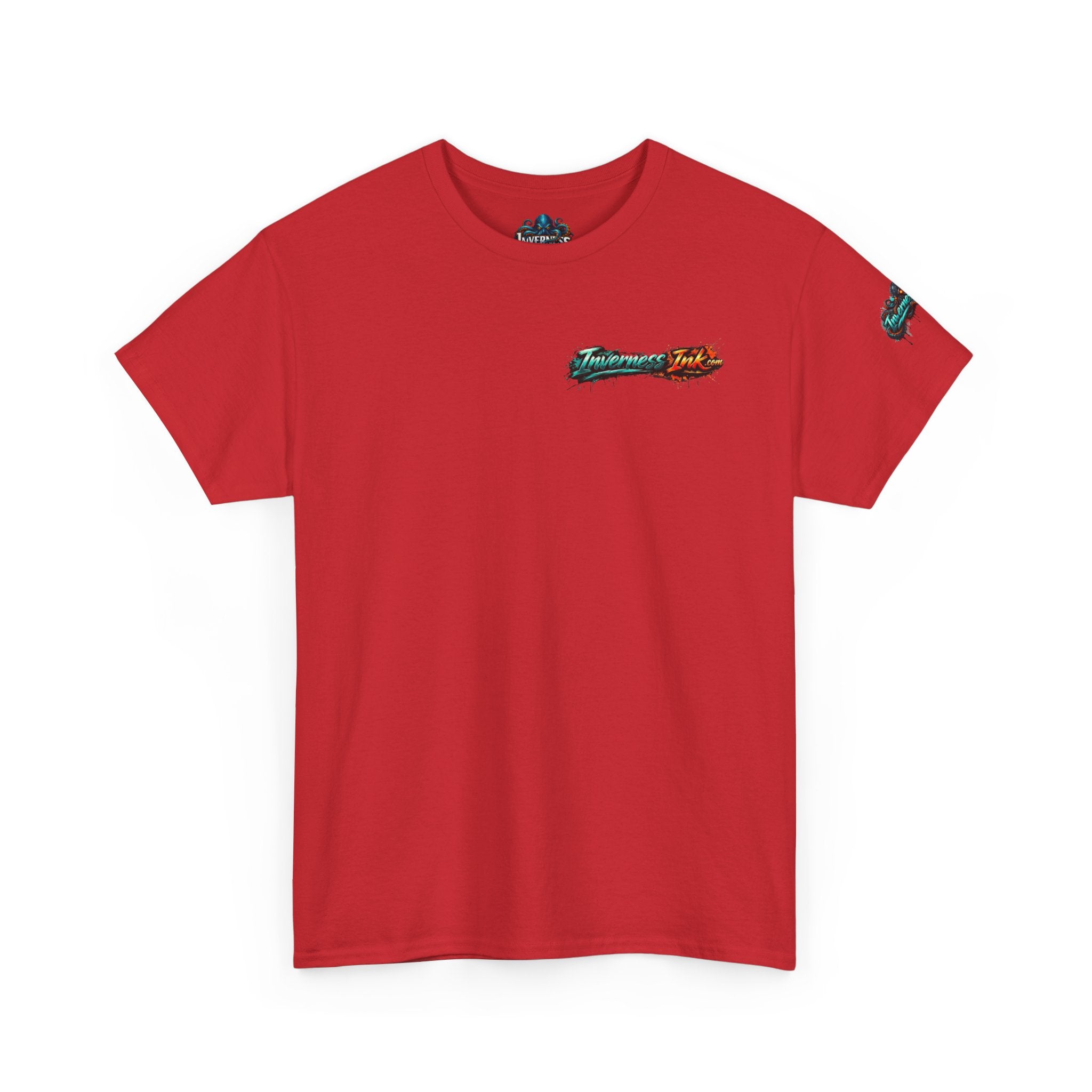 Inverness Ink Graphic Tee — Bold Blue & Orange Splash Backprint