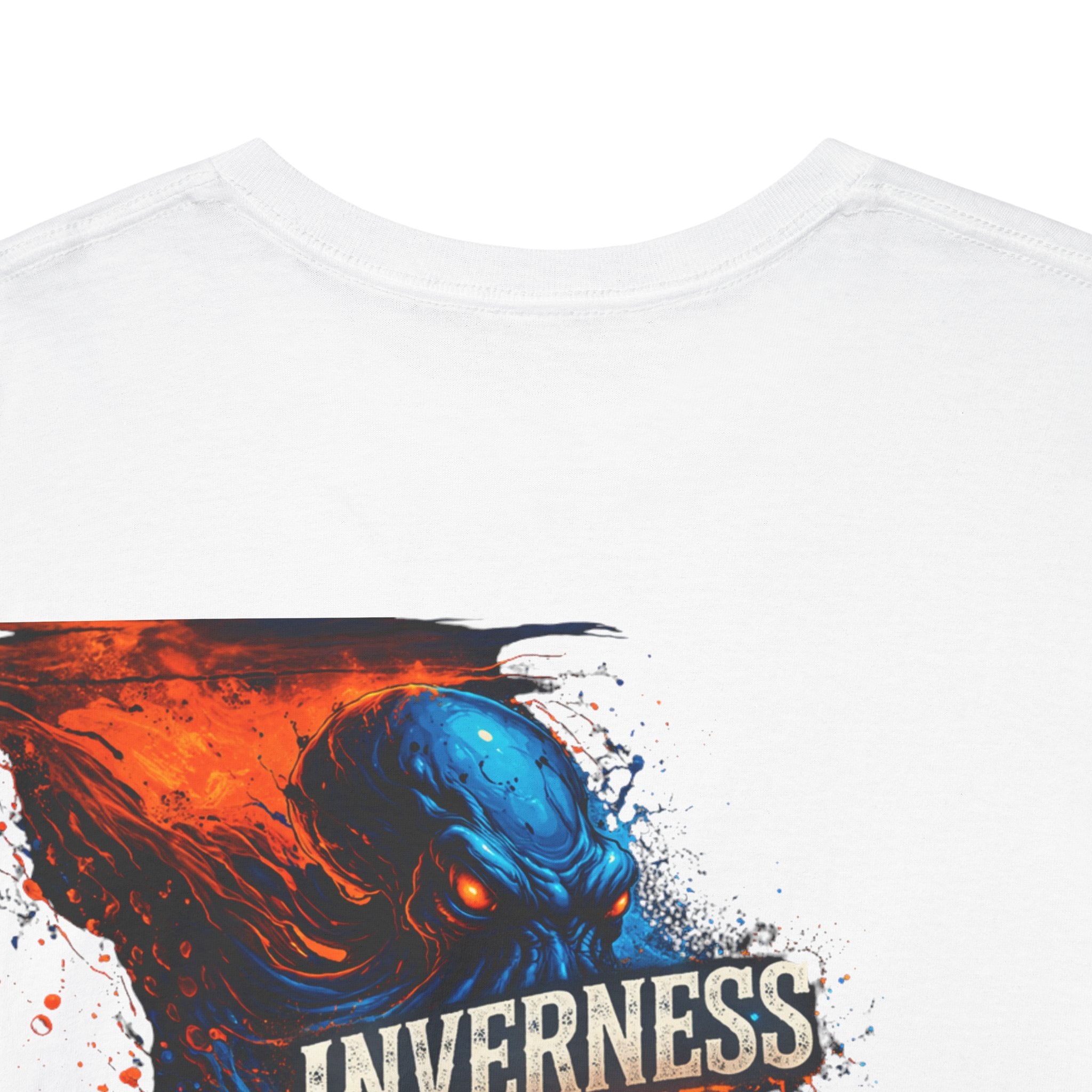 Inverness Ink Graphic Tee — Bold Blue & Orange Splash Backprint