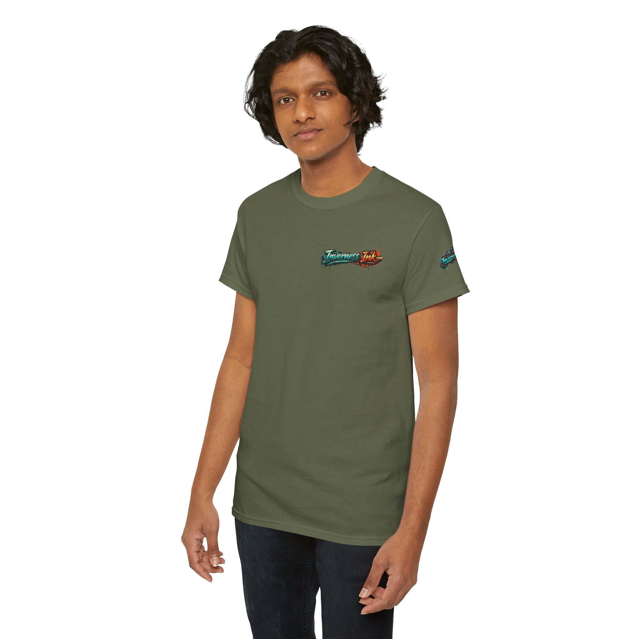 Inverness Ink Graphic Tee — Bold Blue & Orange Splash Backprint