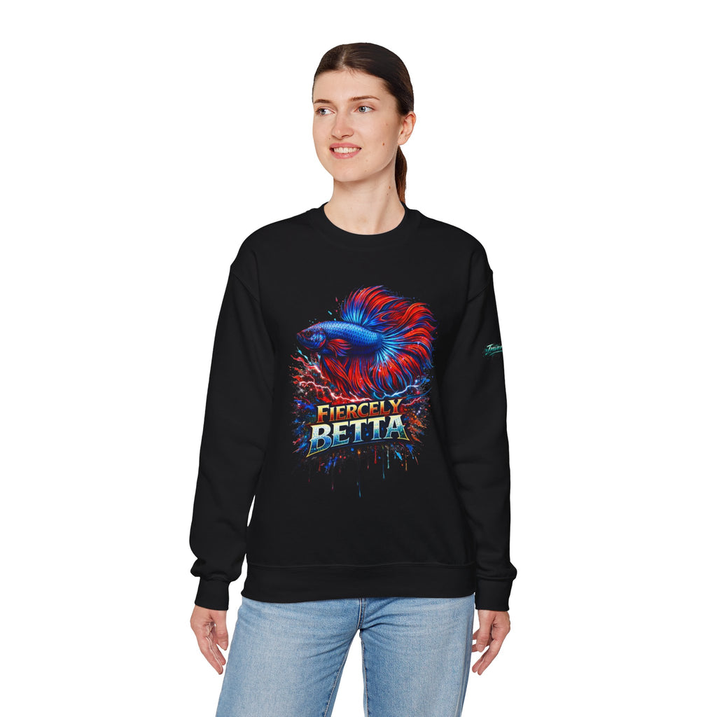 Betta Fish Crewneck Sweatshirt — "Fiercely Betta" Colorful Aquarium Graphic