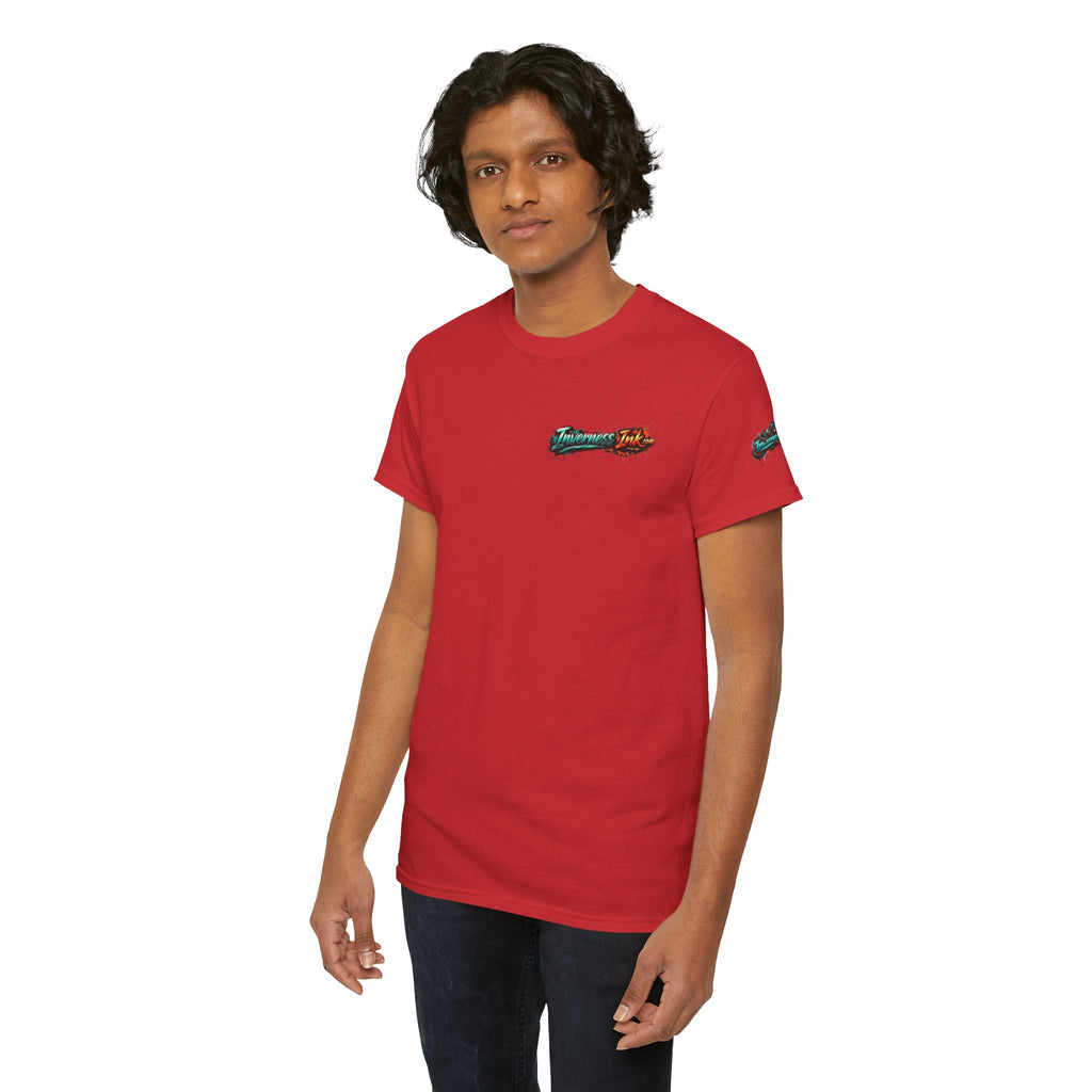 Inverness Ink Graphic Tee — Bold Blue & Orange Splash Backprint