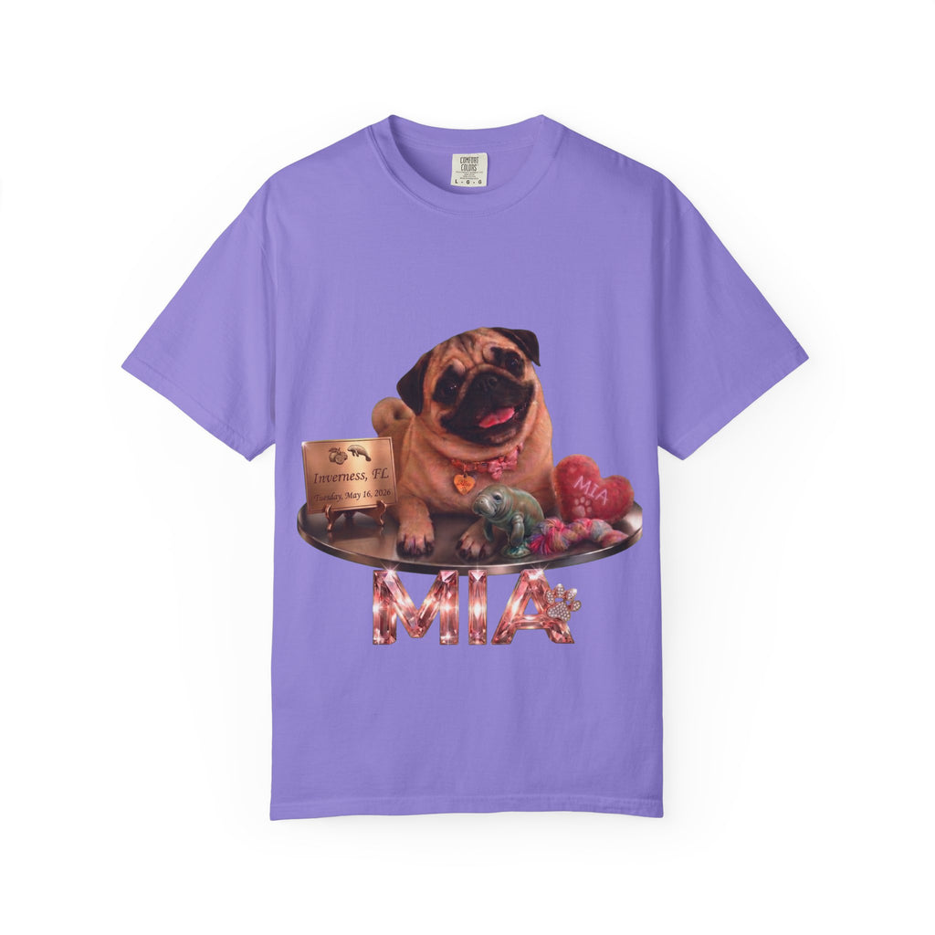 Pug Pet Portrait T-Shirt — Personalized "MIA" Dog Design