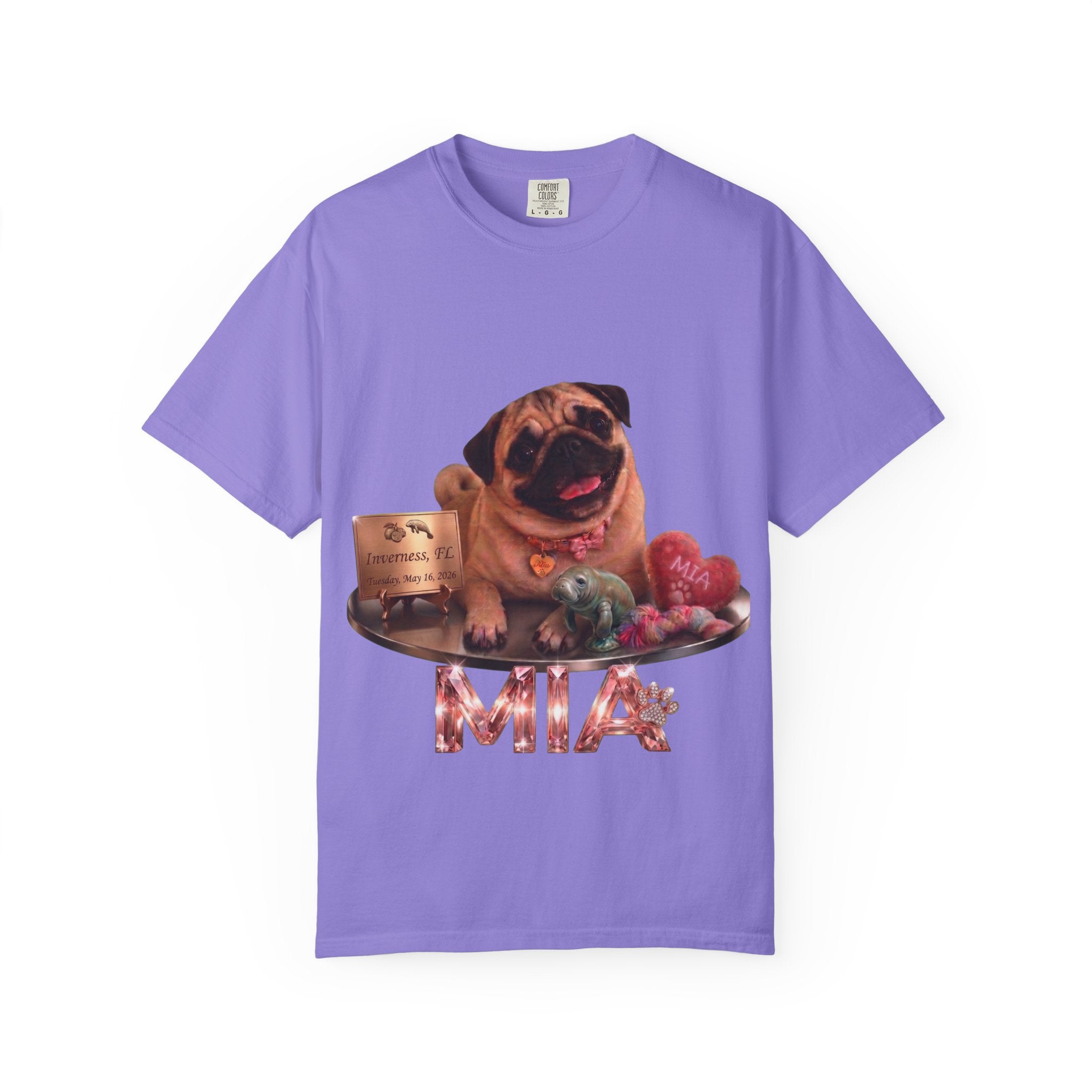 Pug Pet Portrait T-Shirt — Personalized "MIA" Dog Design