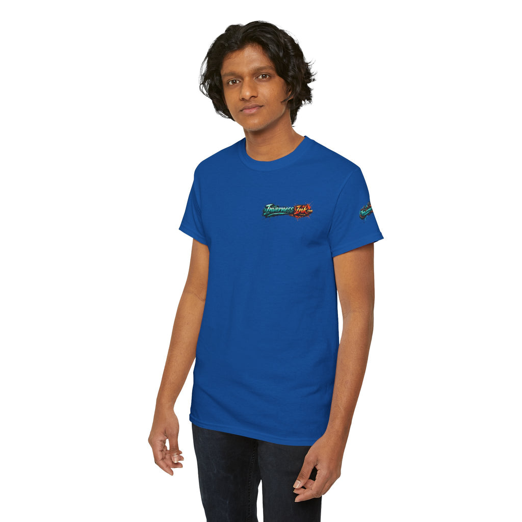 Inverness Ink Graphic Tee — Bold Blue & Orange Splash Backprint