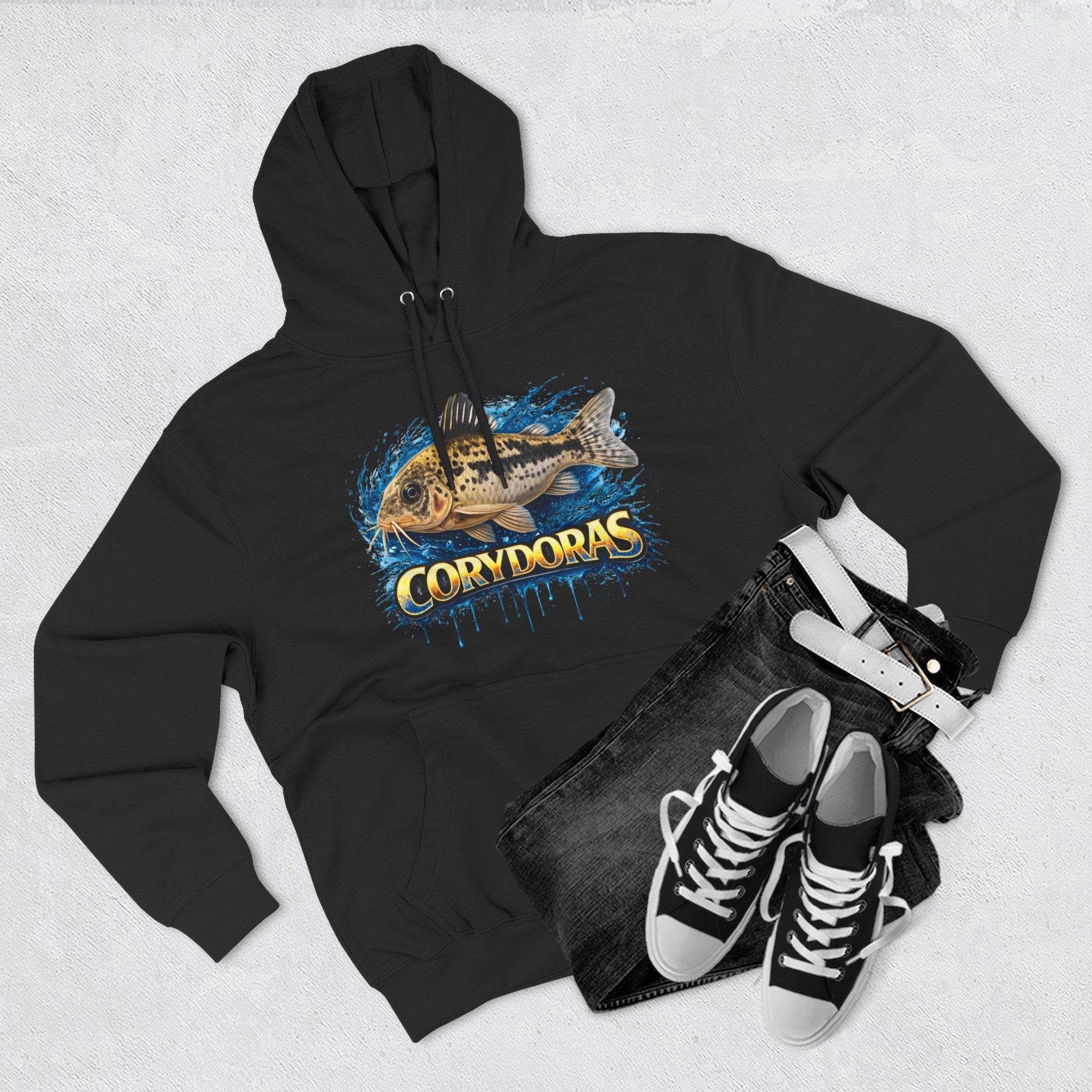 Peppered Corydoras Midweight Fleece Hoodie — Aquatic Catfish Illustration Pullover