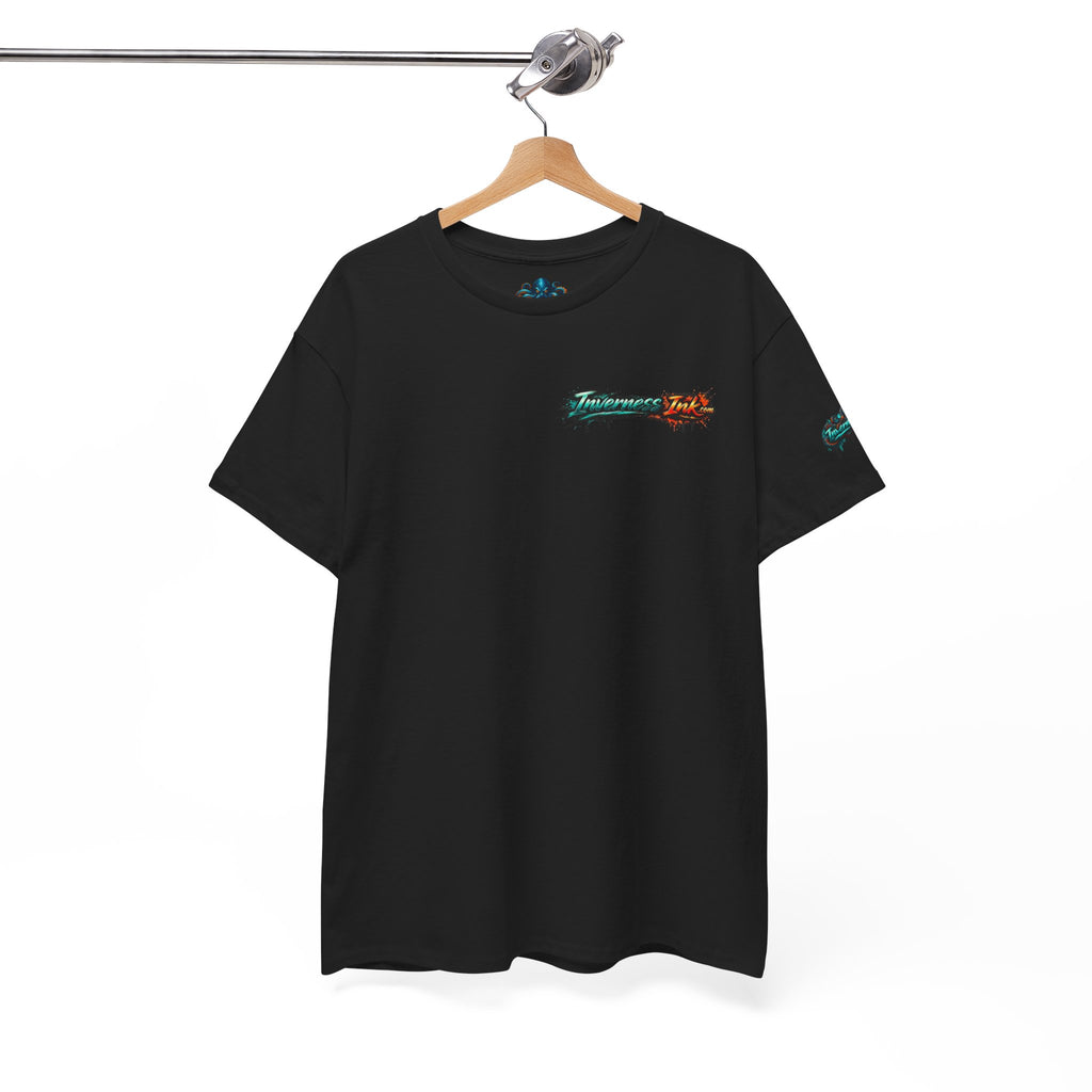 Inverness Ink Graphic Tee — Bold Blue & Orange Splash Backprint