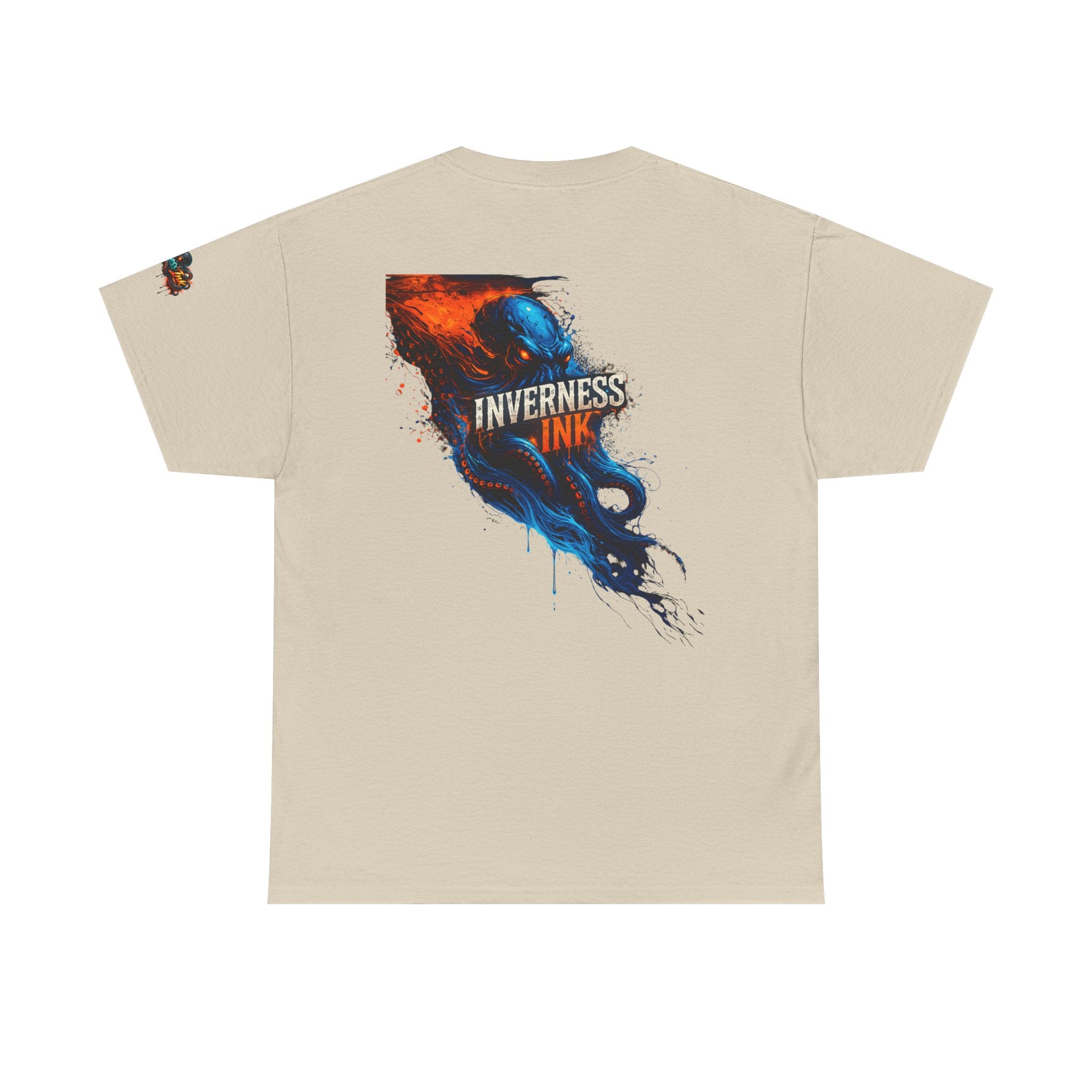 Inverness Ink Graphic Tee — Bold Blue & Orange Splash Backprint