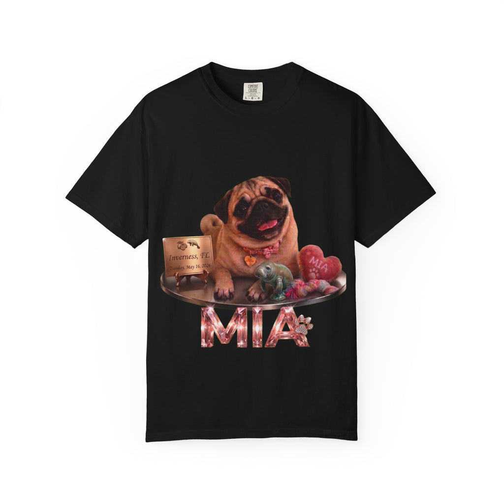 Pug Pet Portrait T-Shirt — Personalized "MIA" Dog Design