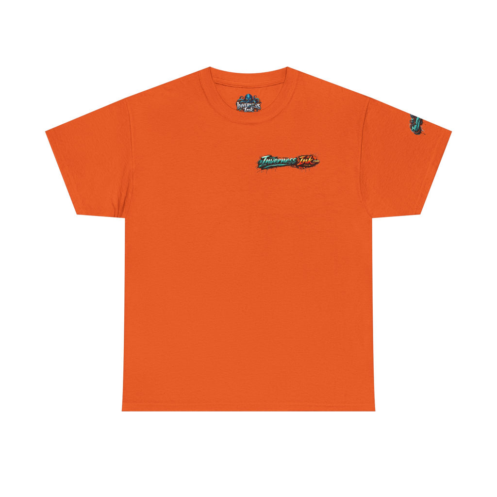 Inverness Ink Graphic Tee — Bold Blue & Orange Splash Backprint