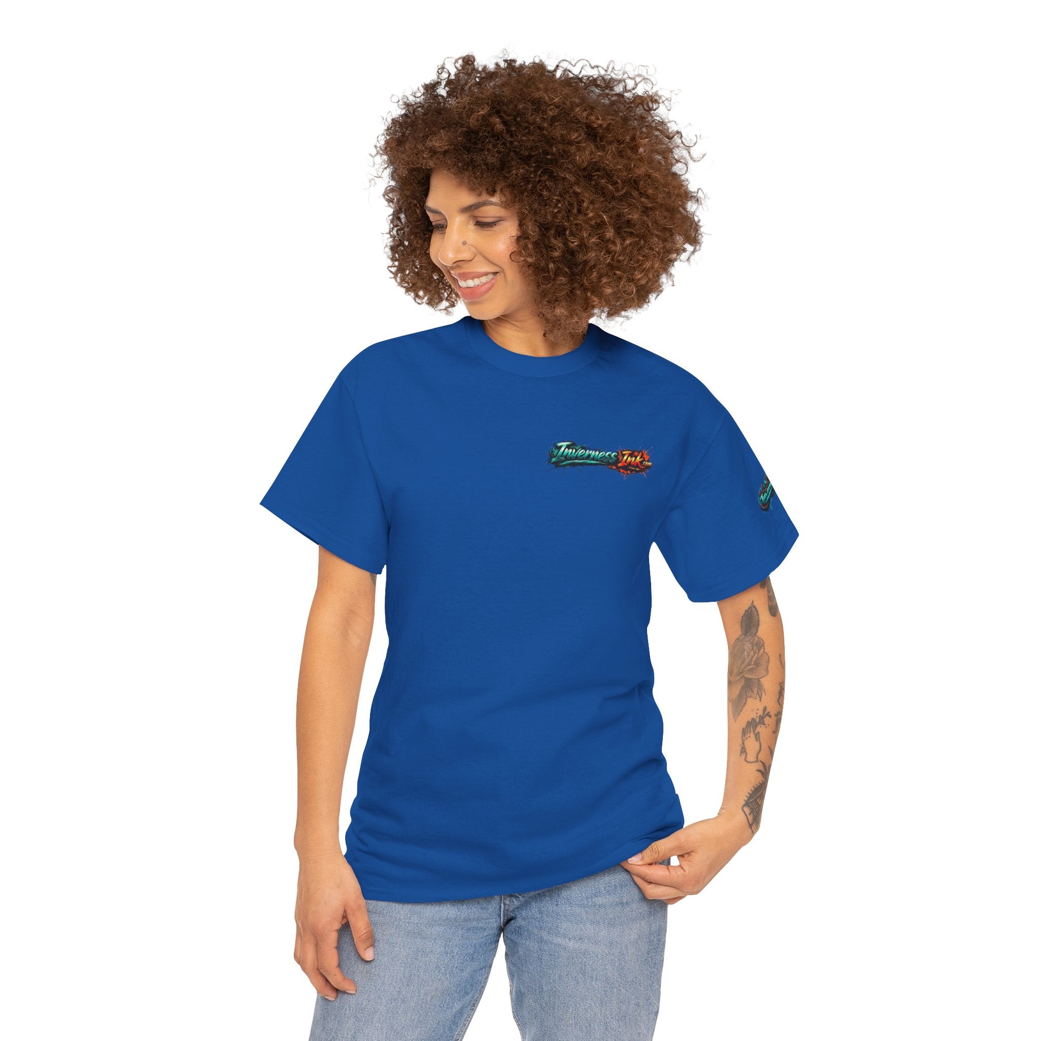 Inverness Ink Graphic Tee — Bold Blue & Orange Splash Backprint