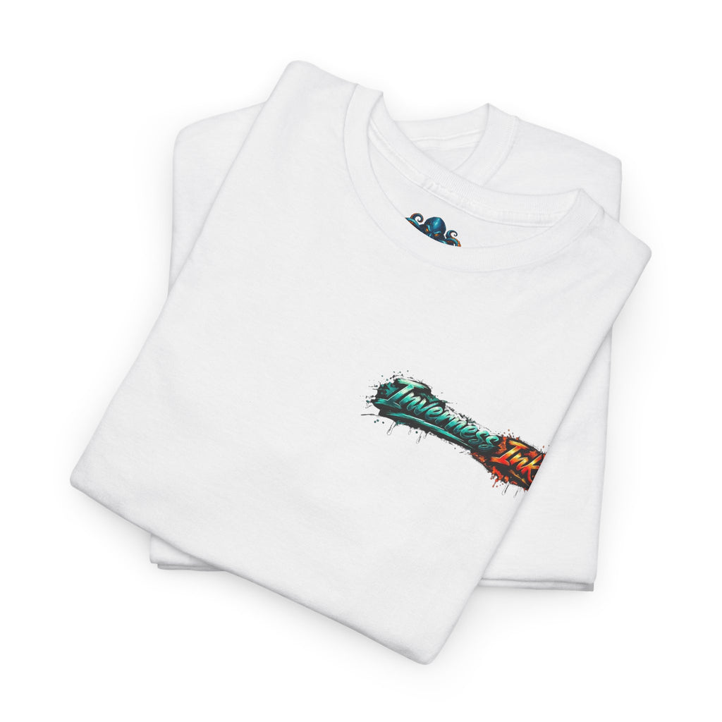 Inverness Ink Graphic Tee — Bold Blue & Orange Splash Backprint