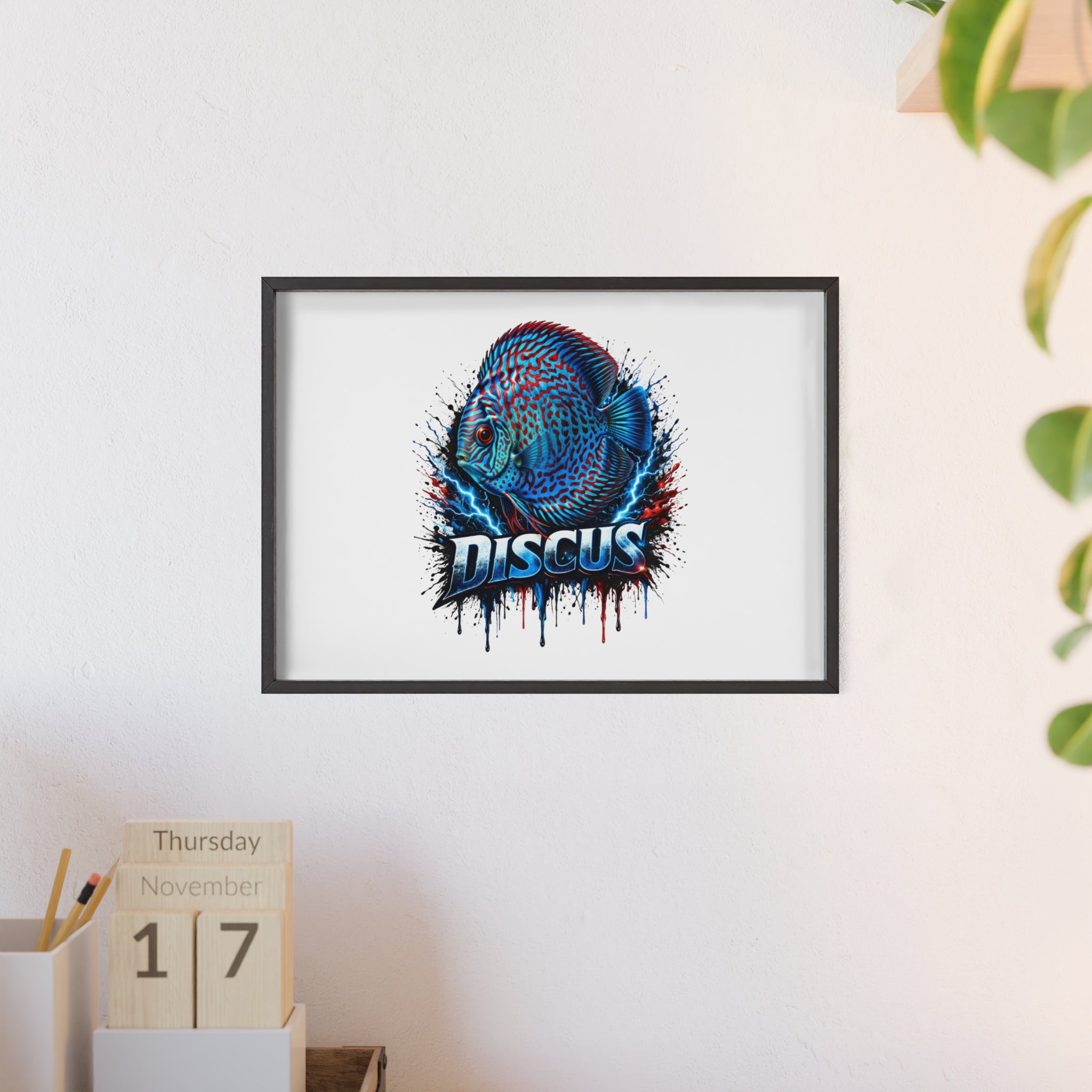 Discus Fish Poster with Wooden Frame — Colorful Aquarium Art Print