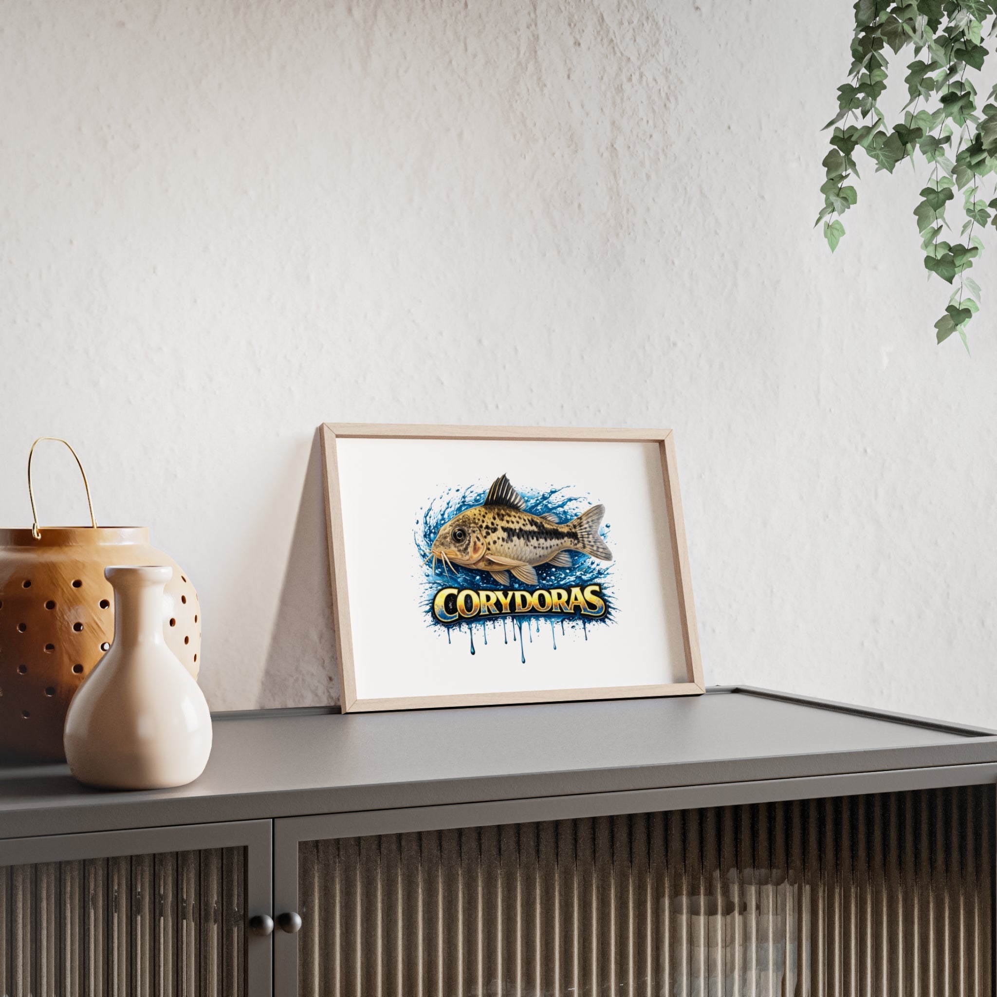 Peppered Corydoras Fish Poster with Wooden Frame — Aquarium Wall Art