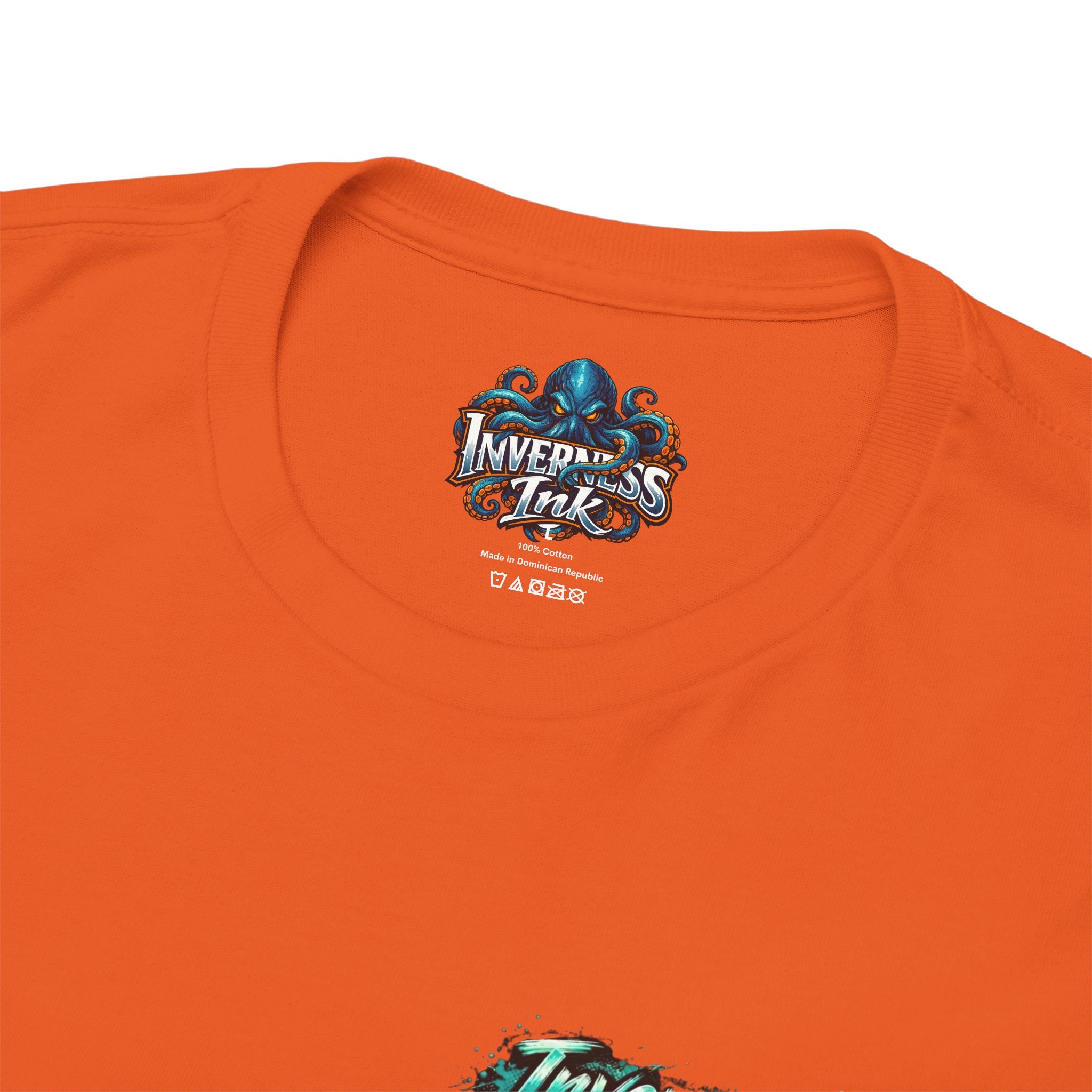 Inverness Ink Graphic Tee — Bold Blue & Orange Splash Backprint