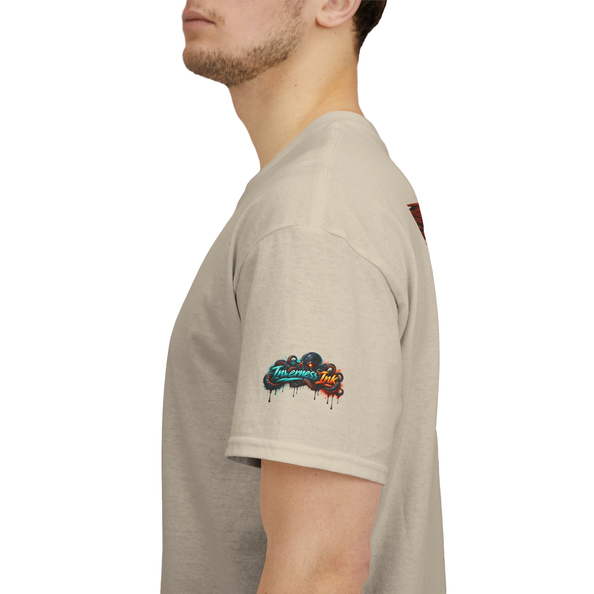 Inverness Ink Graphic Tee — Bold Blue & Orange Splash Backprint