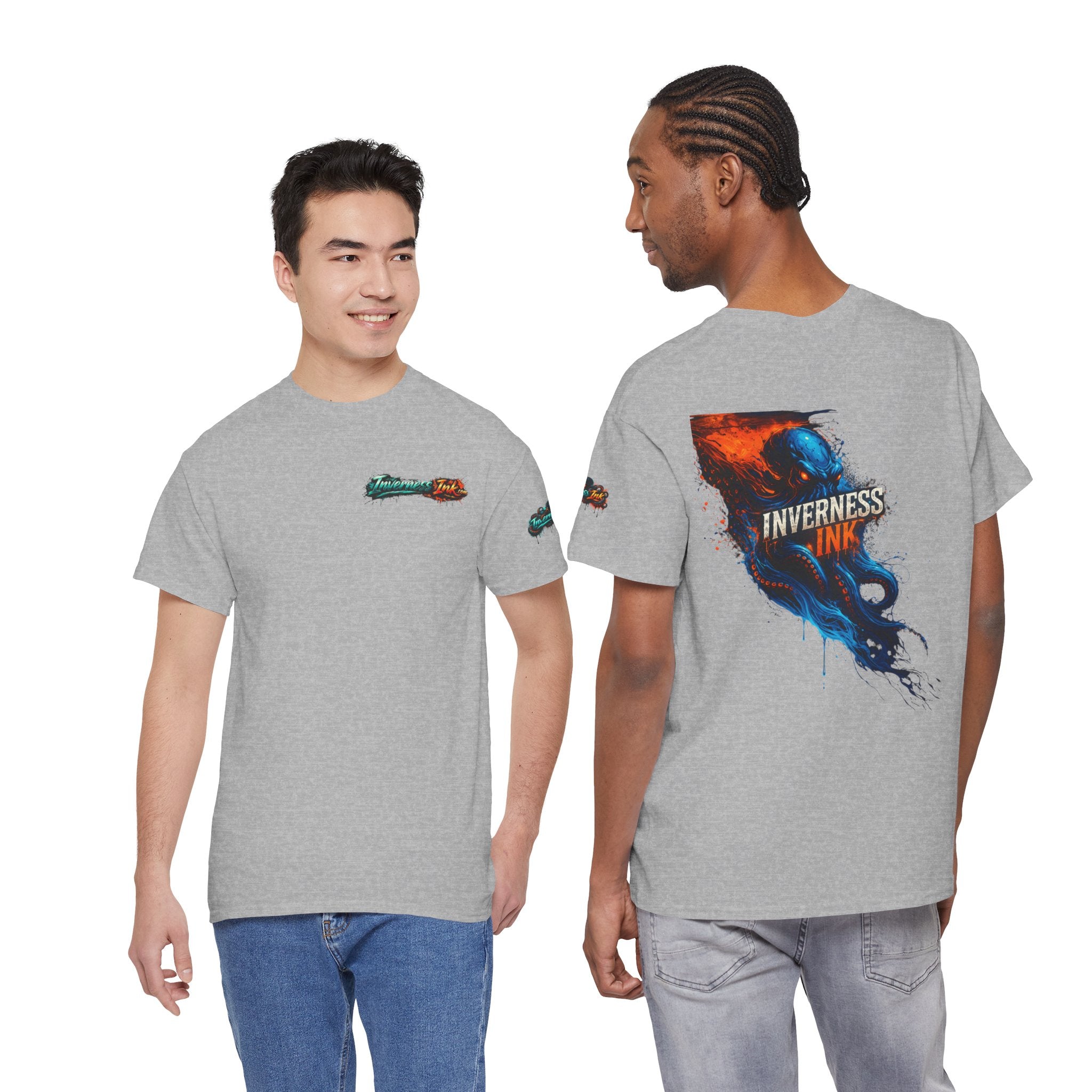 Inverness Ink Graphic Tee — Bold Blue & Orange Splash Backprint