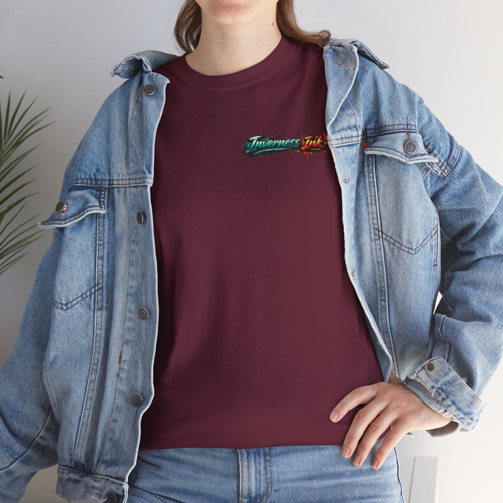 Inverness Ink Graphic Tee — Bold Blue & Orange Splash Backprint
